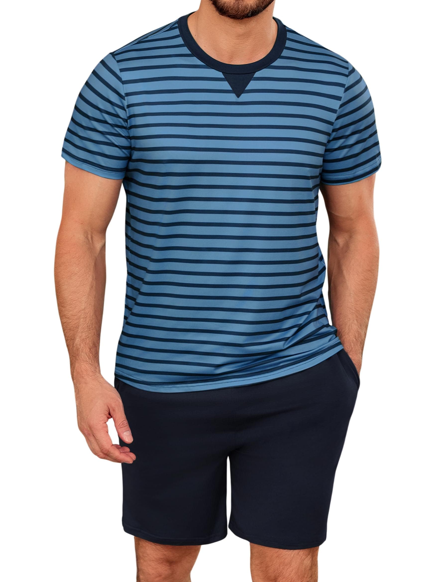 Leversic Verano Conjunto de Pijama Hombre Ropa de Dormir de Algodón Camisetas de Pijama a Rayas de Manga Corta y Pantalones Cortos para Dormir con Bolsillos
