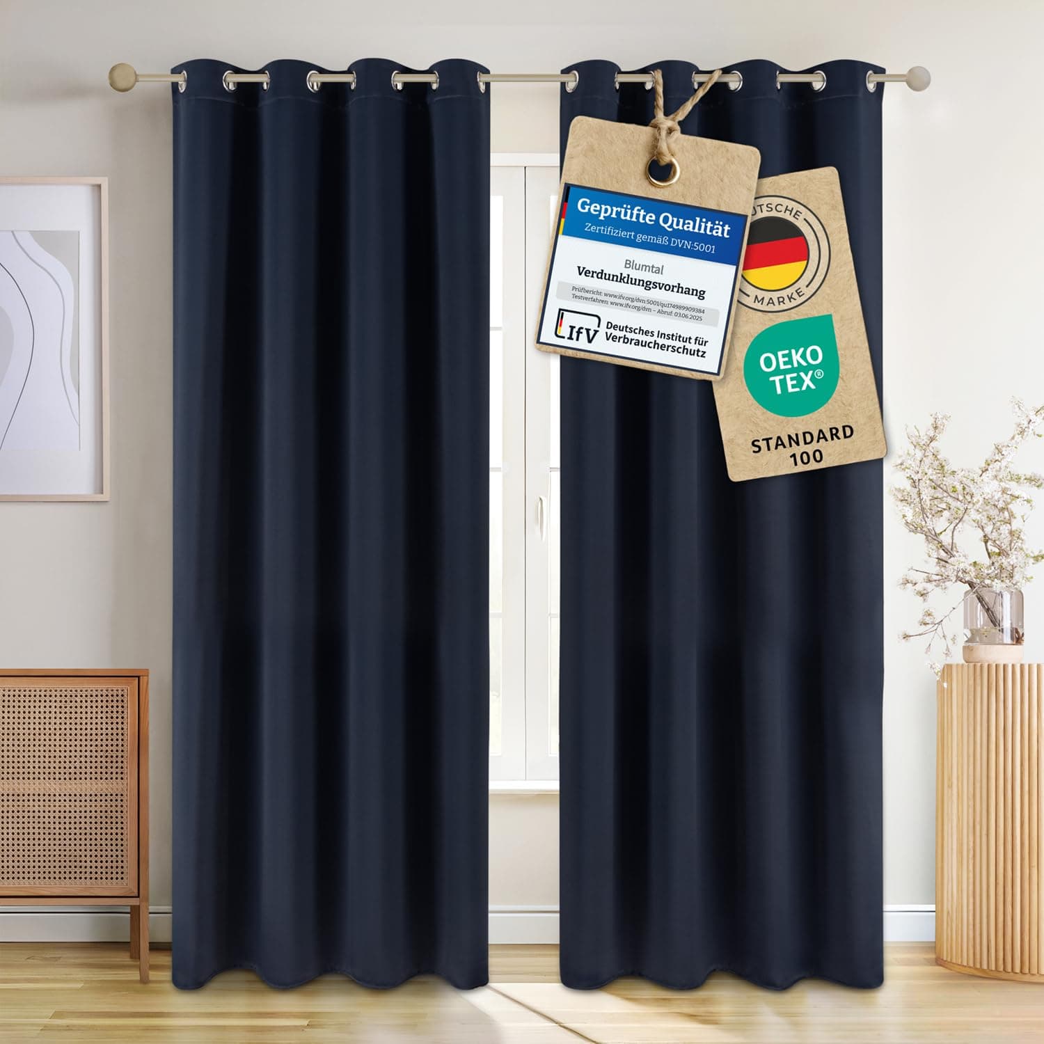 Blumtal Verdunklungsvorhänge 2er Set - Thermovorhang Hitzeschutz - Vorhang blickdicht mit Ösen - Gardinenschals mit Schlaufen - Thermovorhang - Gardinen 245x140cm - Curtains for Bedroom - Vorhang Blau