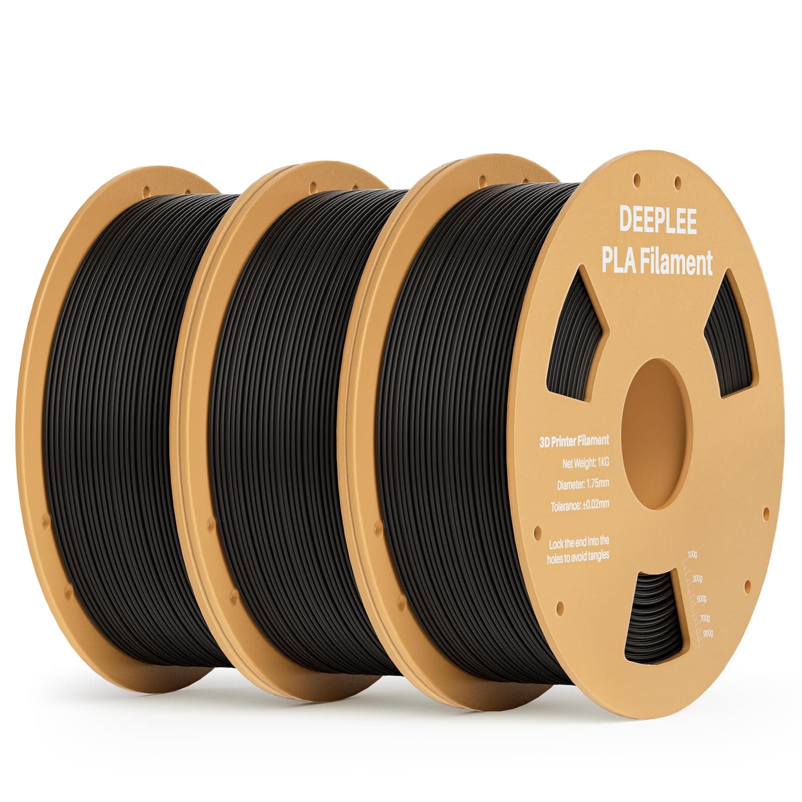 DEEPLEE Filamento PLA 1.75 mm, Kit 3 Bobinas Negro (3kg). Precisión ±0.02 mm. Enrollado Perfecto, Sin Atascos. Compatible con Impresoras 3D FDM.