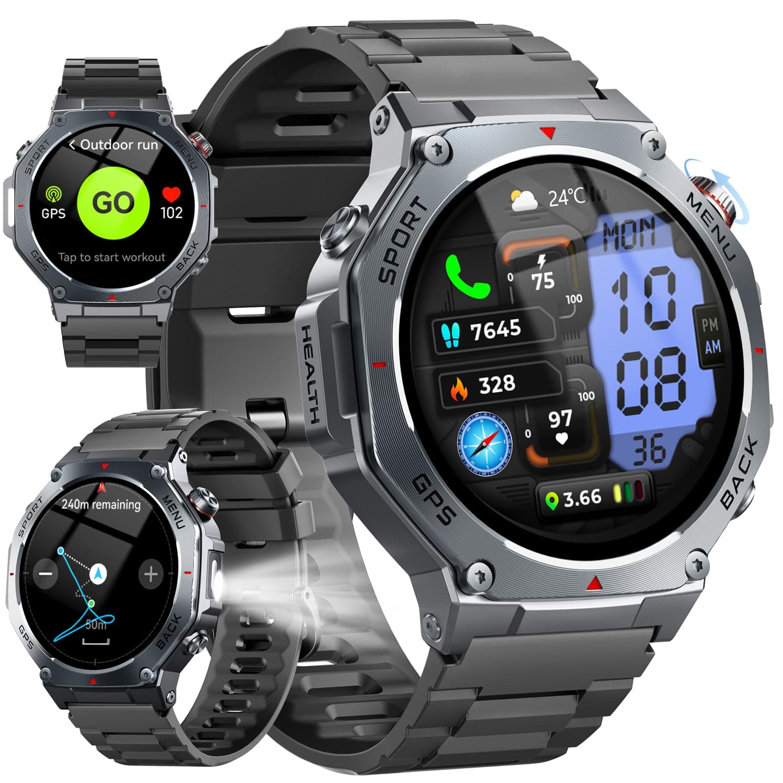 Militaire Montre Connectée Homme GPS, 1.43" AMOLED Smartwatch avec Appel Bluetooth, Étanche 5ATM, Montre Sport avec Podometre/Cardiofrequencemetre/Sommeil, 160+ Sportifs, Smart Watch pour Android IOS