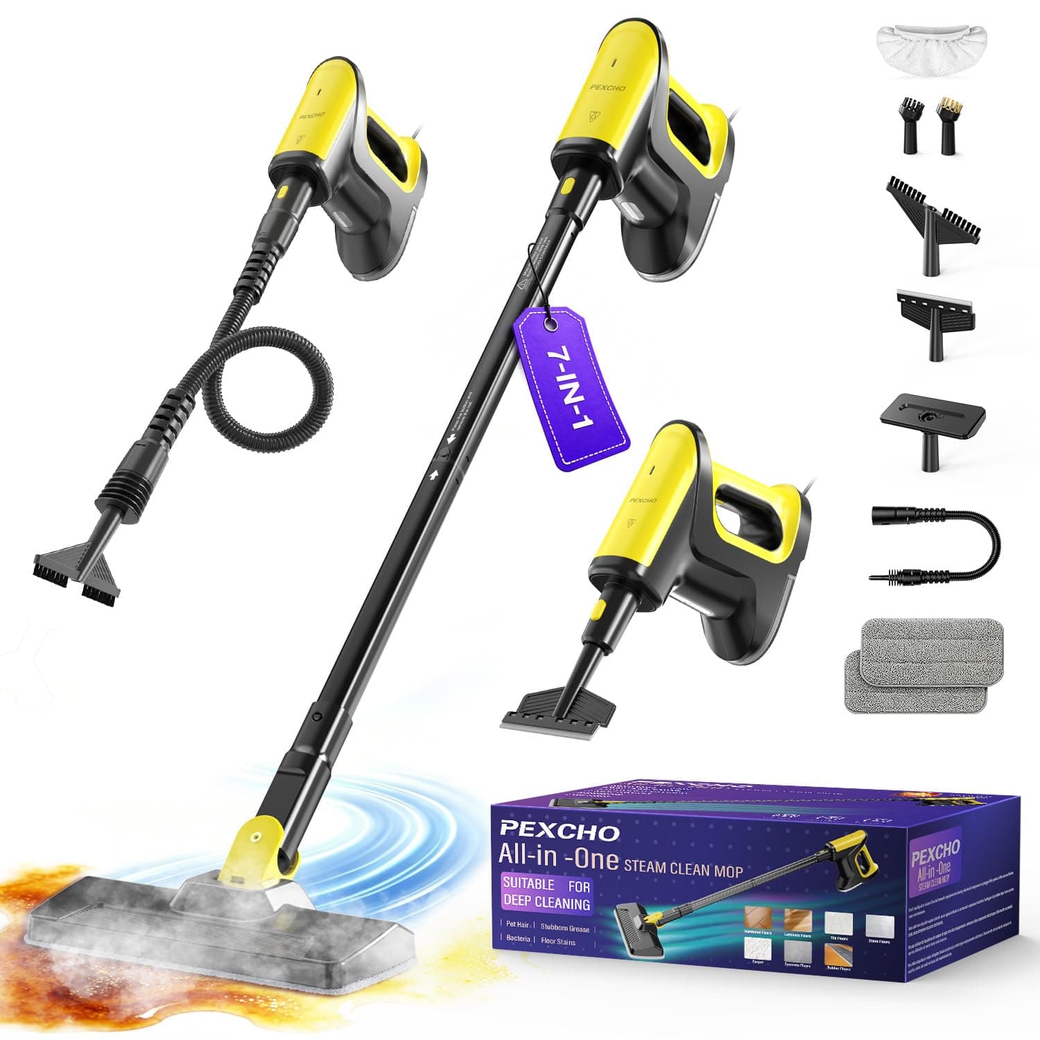 PEXCHO Nettoyeur Vapeur 7 en 1, 1500W Balai Vapeur Multifonction élimine 99,9% des virus et bactéries, Chauffe en 15 Secondes pour tous les s