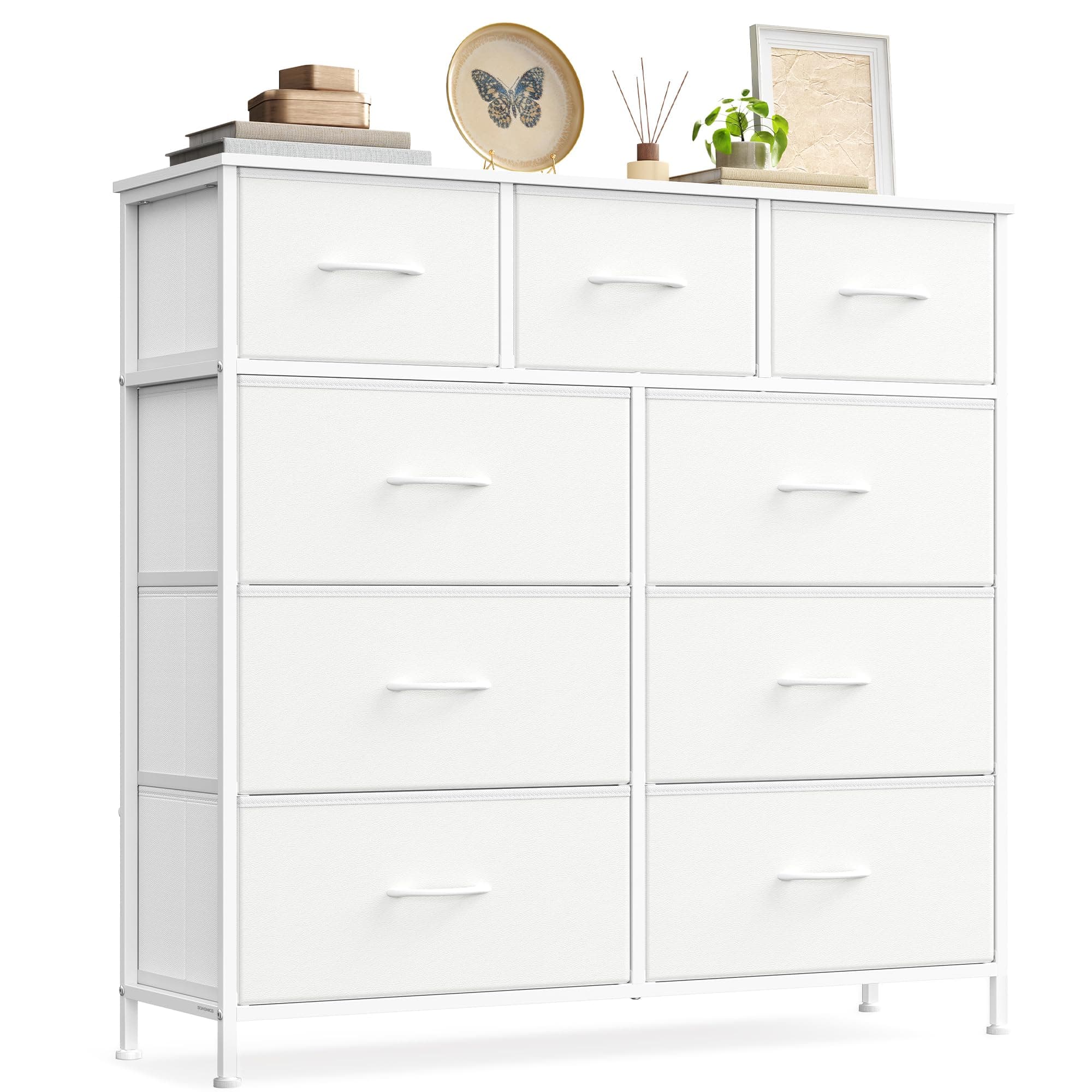 SONGMICS BELLAH Colección - Cómoda, con 9 Cajones para Dormitorio, Mueble de Almacenaje, Acero, MDF, Tela no Tejida, para Dormitorio, Armario, Recibidor y Salón, Blanco Nube y Blanco Nieve LGS324WH01