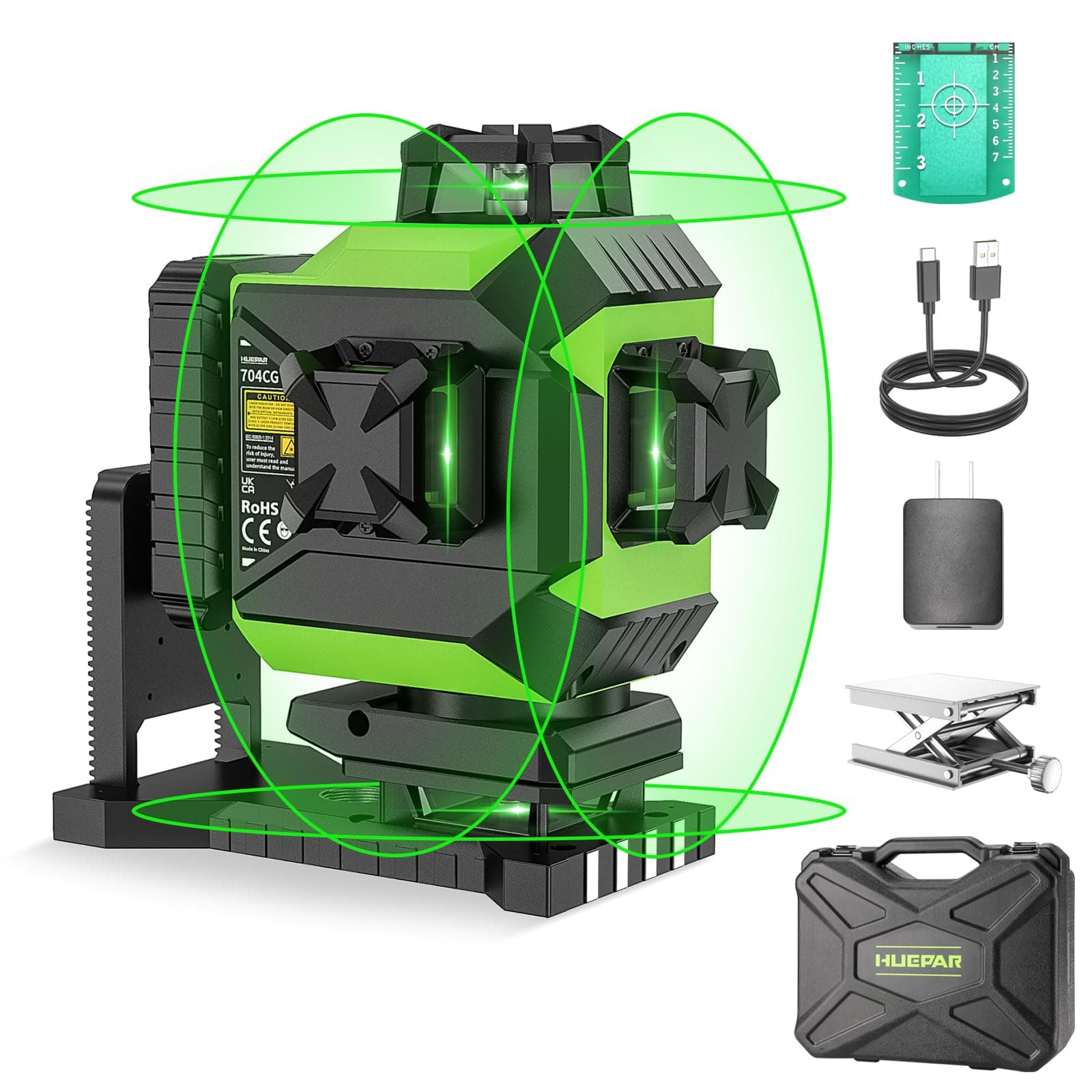 Huepar 4x360 Línea cruzada láser Nivelación automática 4D Luz verde Línea cruzada 16 líneas para baldosas Herramienta láser para pisos-2x360 Línea láser horizontal/vertical-Recargable 704CG