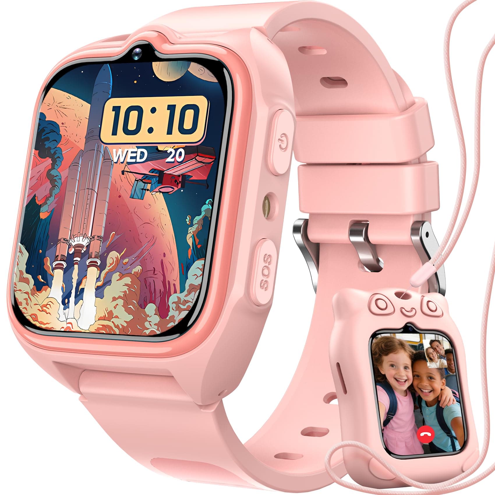 Blackview Smartwatch für Kinder, mit 1,75'' HD-Farb-Touchscreen, GPS, 4G, SOS Notruf, Telefonanruf, Videoanrufe, Sprachchat, SMS, LED-Taschenlampe, Wecker, Puzzlespiel, Schulmodus, Kinderuhr Rosa
