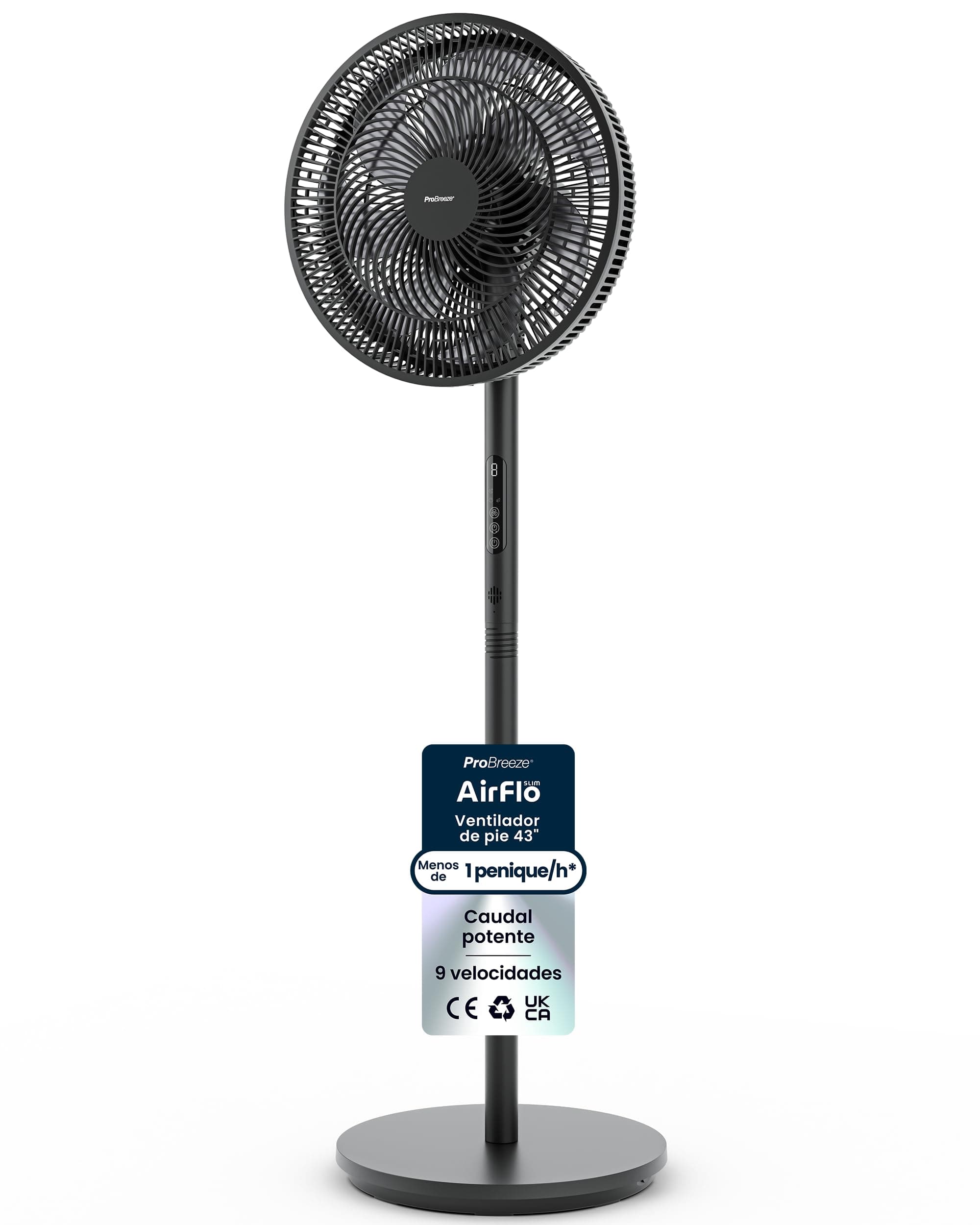 Pro Breeze AirFlo Slim Altura Ajustable 70-130 cm, Ventilador de Pie Silencioso con Mando, 9 Velocidades, 3 Modos, Ultra Silencioso, Temporizador 9H y Oscilación Omnidireccional para Oficina, Hogar