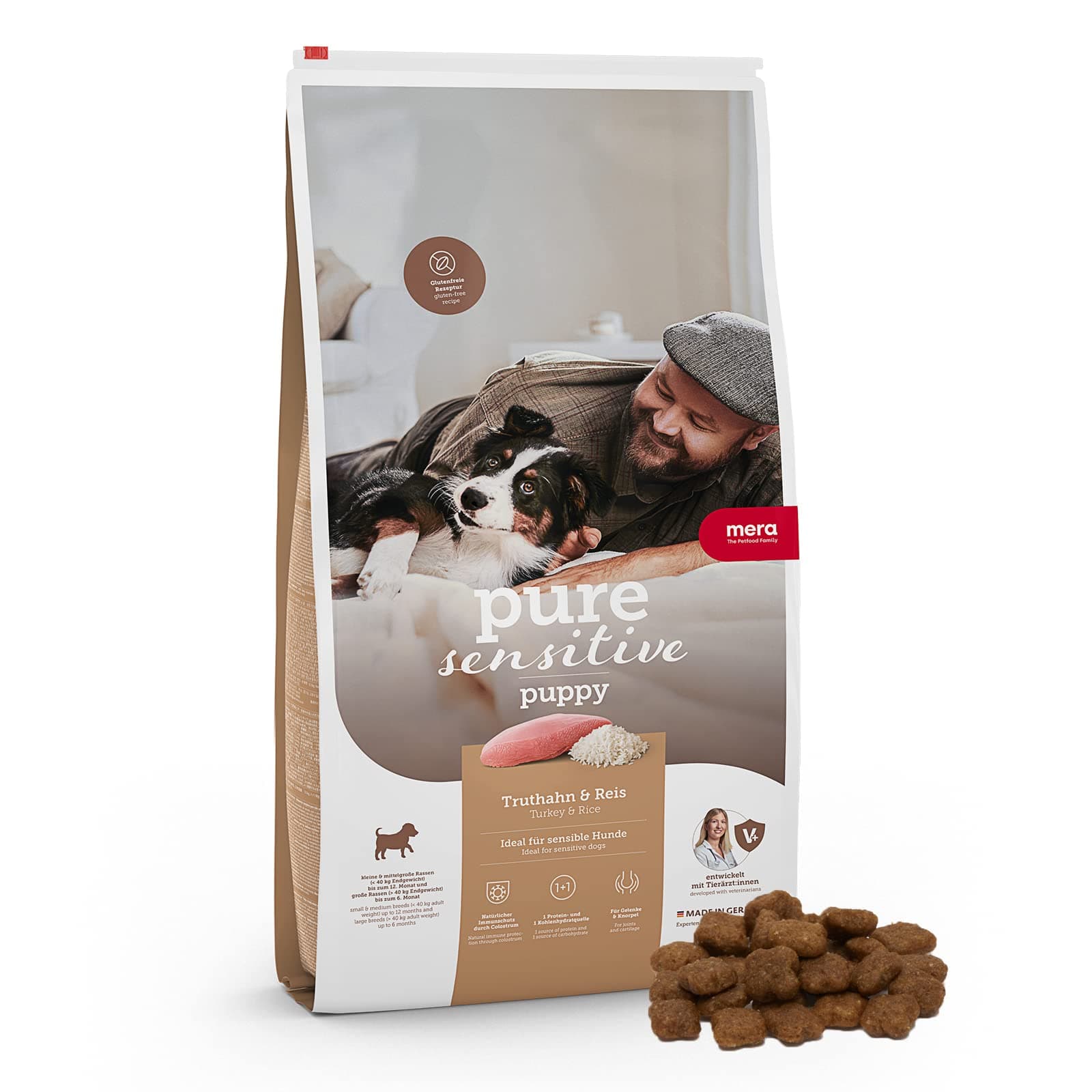 MERA Pure Sensitive Puppy mit Truthahn und Reis (4kg), leicht verdauliches Welpenfutter, glutenfreies Trockenfutter ohne Weizen