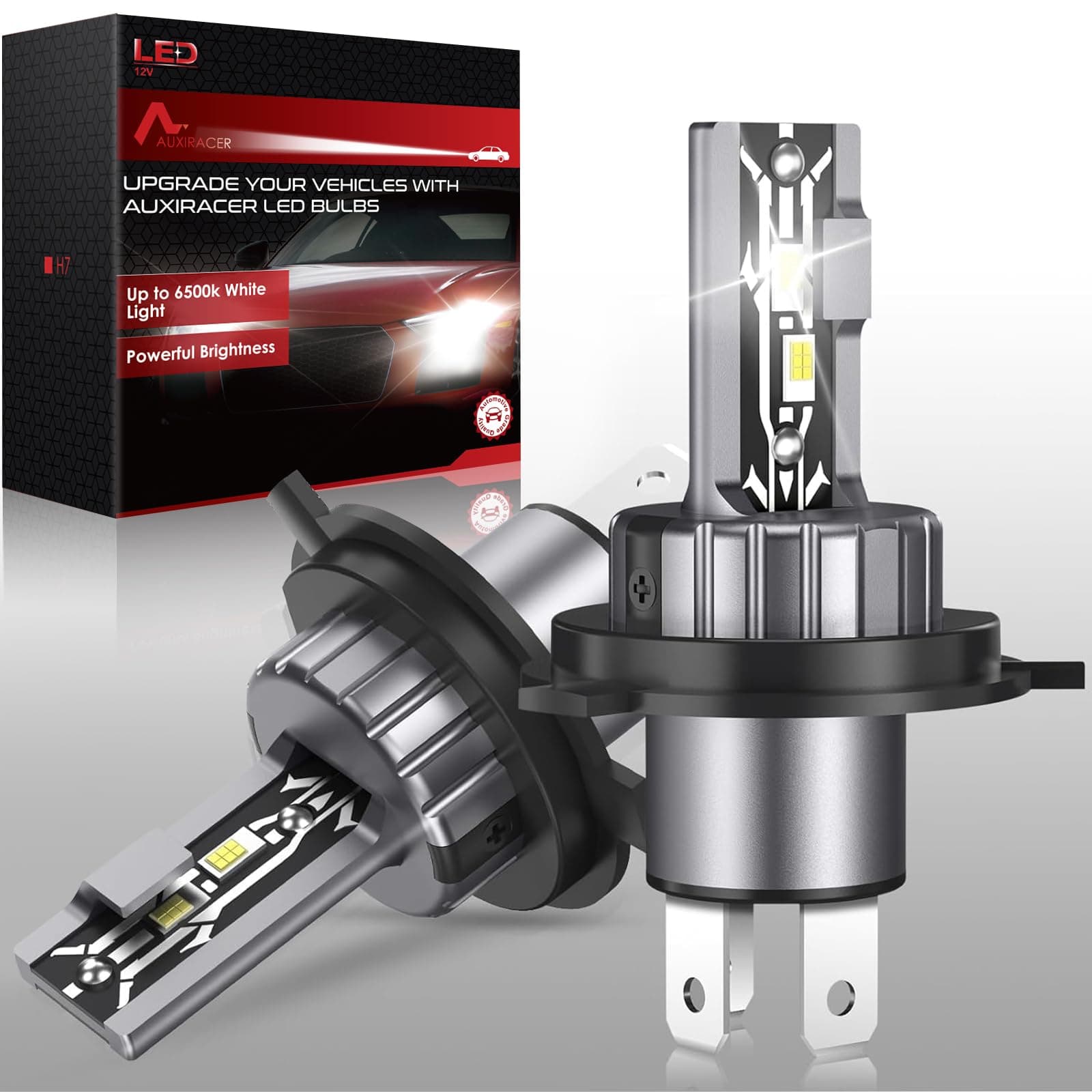 AUXIRACER H4 LED, Lampadina h4 80 W, 6500 K, 12 V, bianco freddo, lampadina LED H4, IP68, impermeabile, H4, lampadina per fari auto, lampadine di ricambio per lampade alogene e kit xeno, 2 lampadine