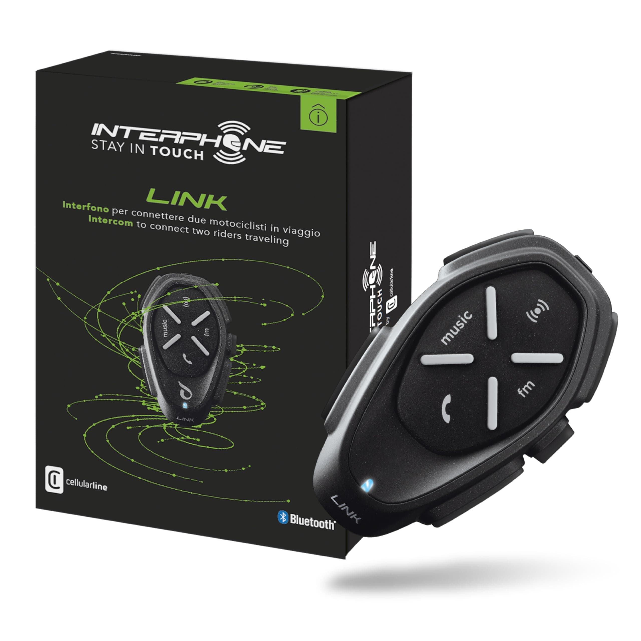 INTERPHONE LINK - Singolo - Interfono Bluetooth da Casco per Moto, Uso Pilota - Pilota, Distanza 300Mt, Autonomia Fino a 20 Ore, Mp3, GPS, Impermeabile, Universale.