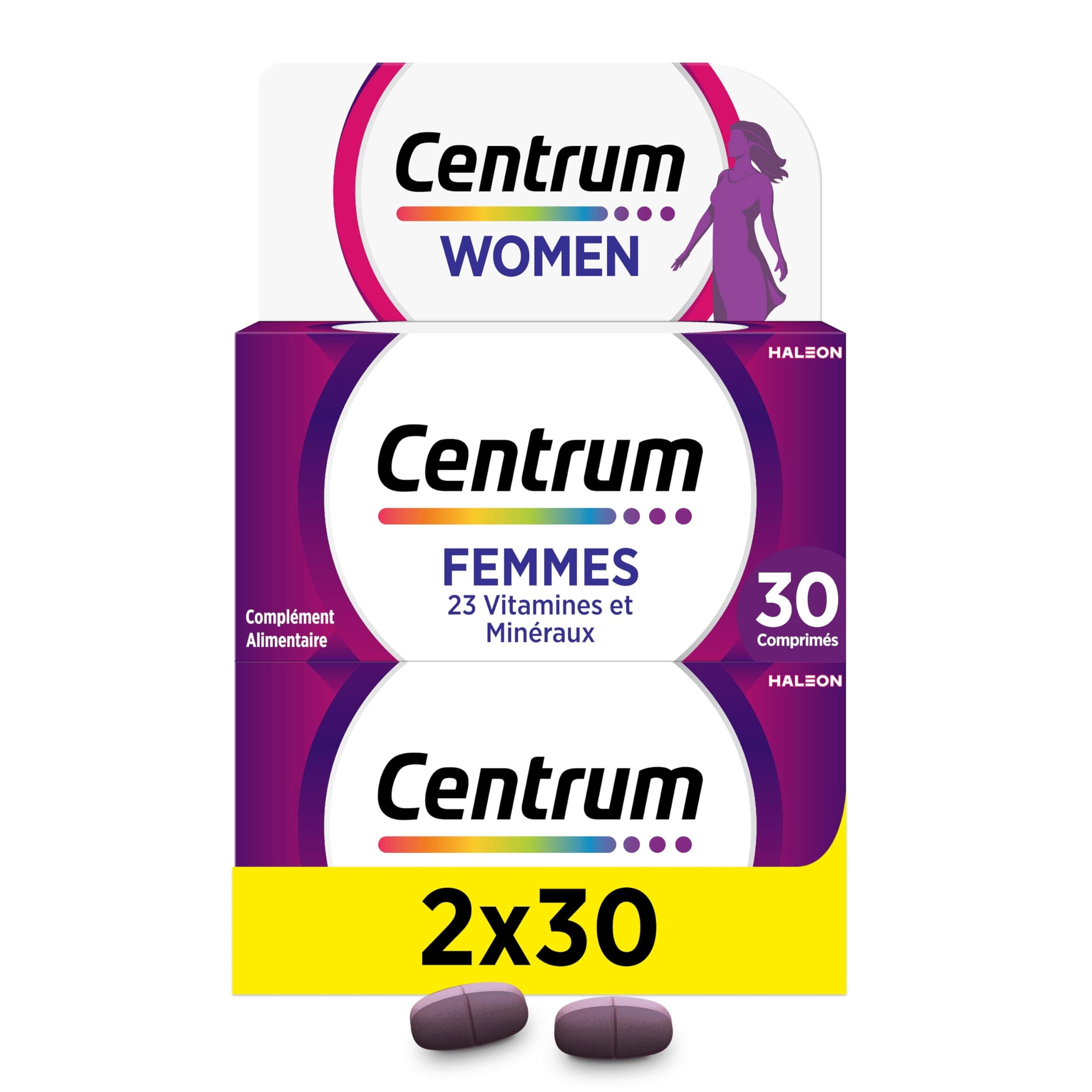 CENTRUM Women - Multivitamines et Minéraux pour Femme - 23 nutriments Vit D, C, B12, B7, Fer & Zinc - Complément Alimentaire Fatigue, Immunité, Peau, Cheveux, Ongles - Lot de 2 x 30 Comprimés - 2 Mois