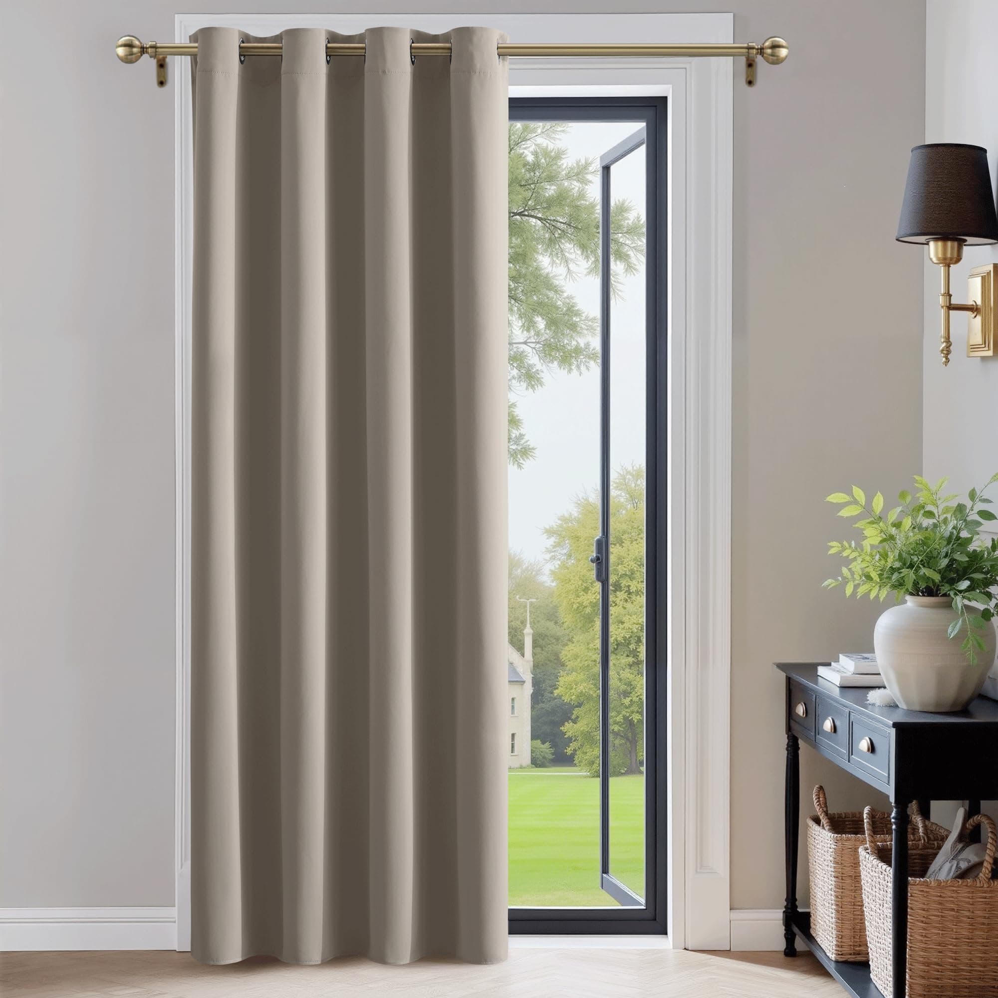 PONY DANCE Cortina Blackout para Puerta, Cortinas Termicas Aislantes Frio y Calor Opaca para Salon/Dormitorio con Ojales 1 Panel,140x220cm,Arena