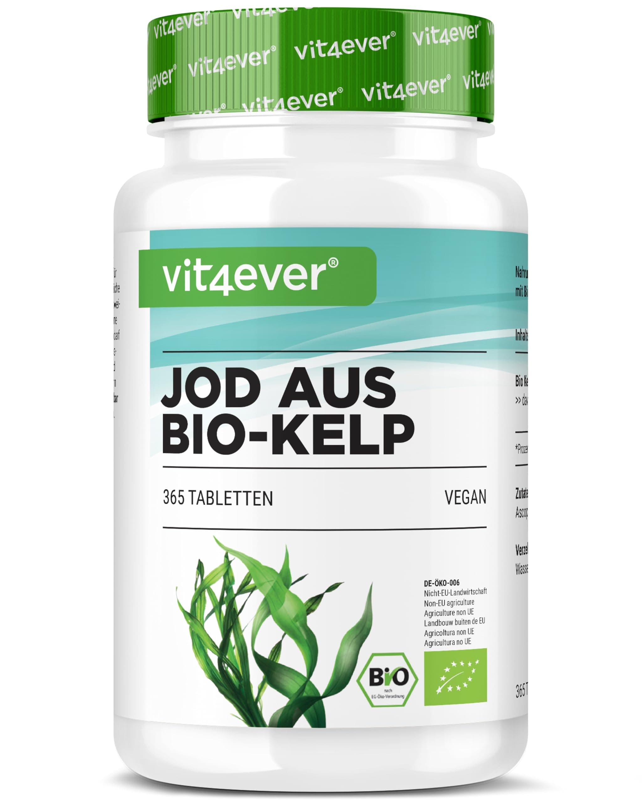 vit4ever Bio Kelp (Natürliches Jod) - 365 Tabletten mit je 200 µg Jod aus Bio-Braunalgen - Ohne unerwünschte Zusätze - Hochdosiert - Vegan