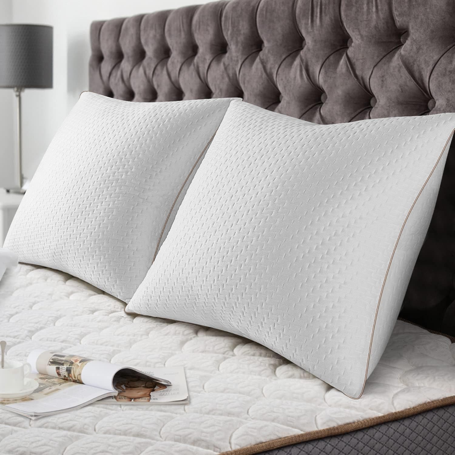BedStory Oreiller 65x65 (2 Pièces) - Qualité Hôtelière de Luxe Oreiller - avec Housse en Fibres de Bambou Amovibles - Anti-acariens - Hypoallergénique -Confortable - Doux et Respirant