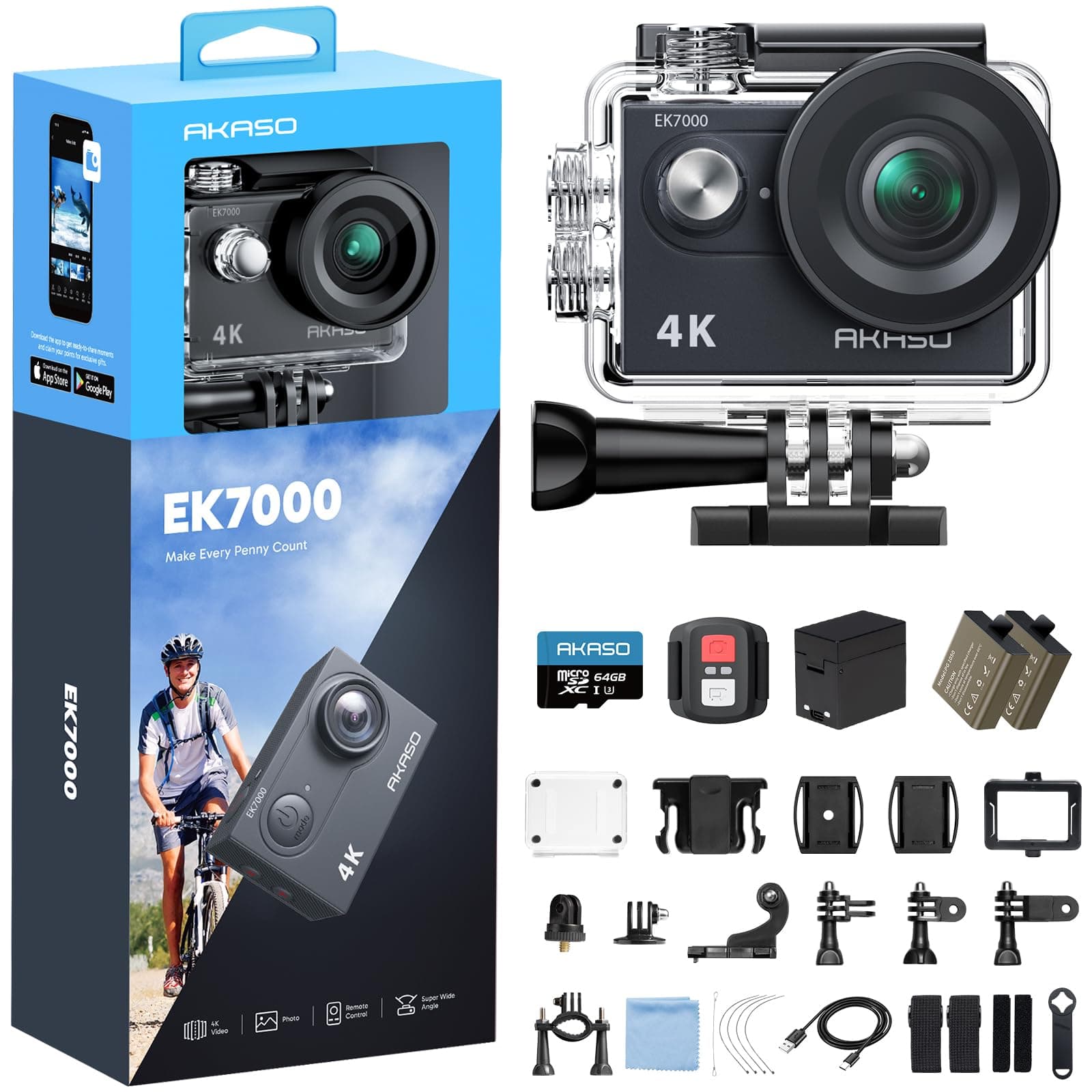 AKASO EK7000 - Action Cam 4K con Scheda di Memoria MicroSDXC da 64GB | Con EIS, Custodia Impermeabile fino a 30 m, Telecomando, Zoom 4× e Supporto per Microfono Esterno