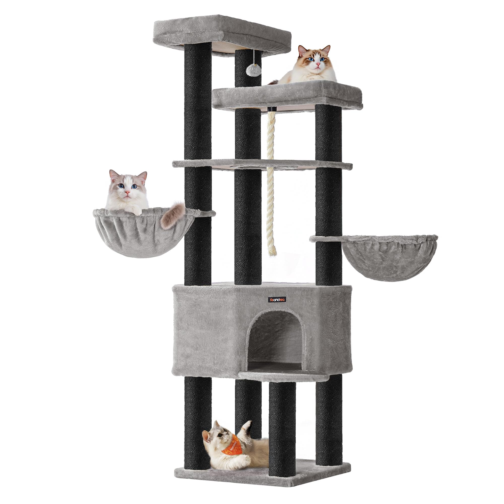 Feandrea Grand Arbre à Chat, Tour de Jeux pour Chat à Plusieurs Niveaux, XXL, 55 x 55 x 186,7 cm, Poteaux en Sisal de 11 cm de Diamètre, Les Maine Coons, Gris Tourterelle et Noir d'encre PCT008G02