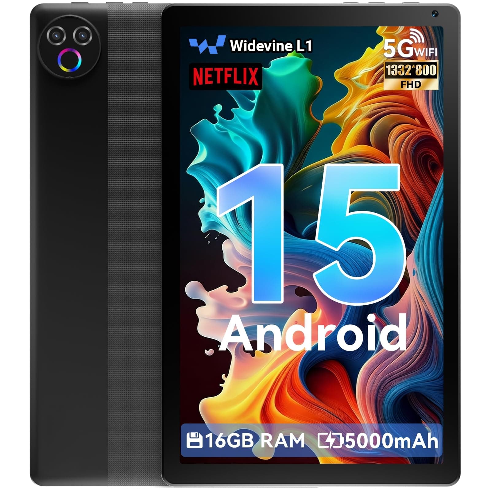 Laptok Tablet 10.1 pollici Android 15, 16GB RAM, 1332 * 800 HD丨5G WiFi丨BT5.4, Tab PC con Doppia Fotocamera, Android Tablet con Doppio Altoparlante, Batteria 5000mAh, GMS Widevine L1 (Nero)