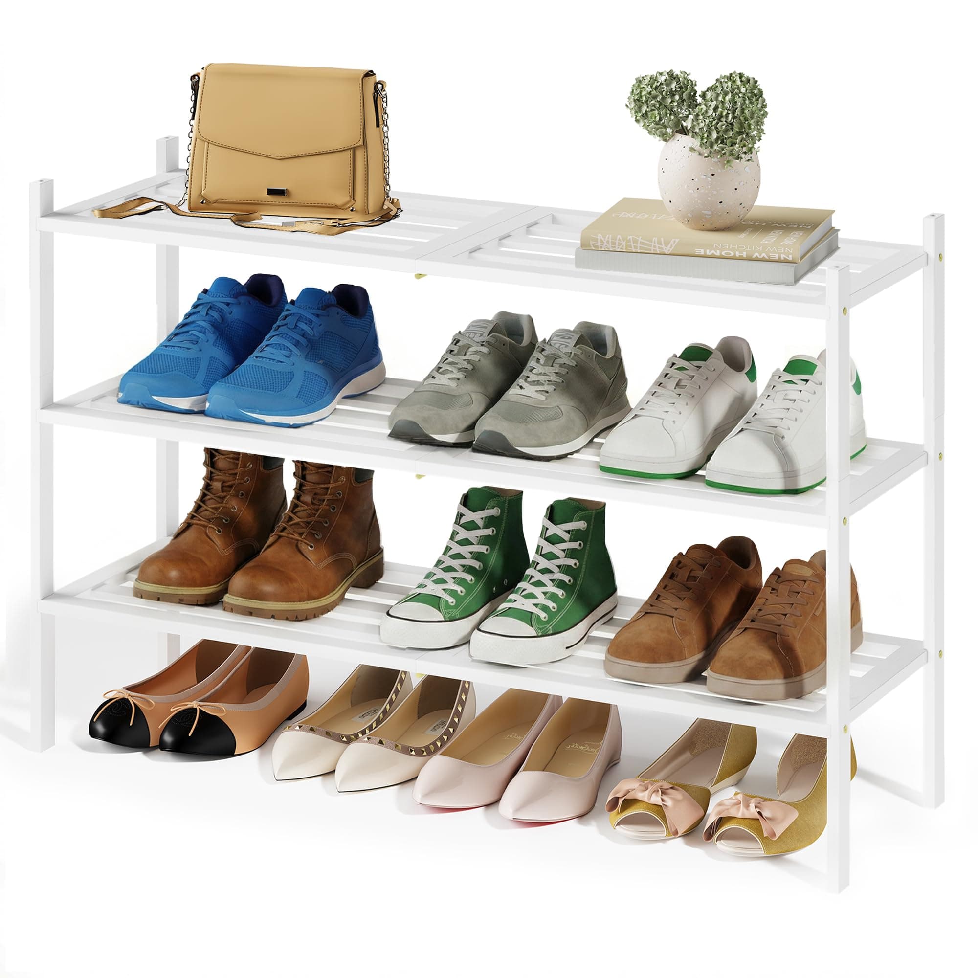 SONGMICS Schuhregal aus Bambus, Schuhablage 3 Ebenen, stapelbar, platzsparend, Regal für Flur, Wohnzimmer, Schlafzimmer, Garage, für 12-16 Paar Schuhe, 25 x 70 x 51,5 cm, weiß LBS053WZ01