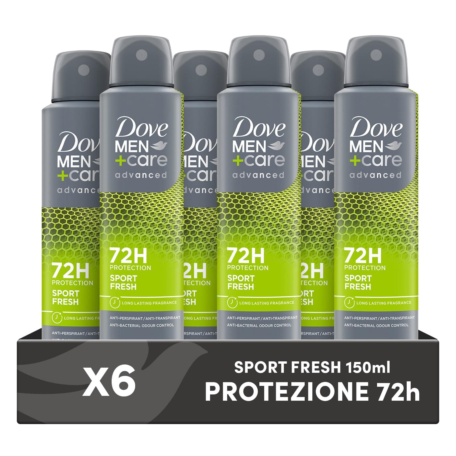 Dove Deodorante Dove Men + Care Sport Fresh Spray Advanced Care, Deodorante Uomo, con 1/4 Crema Idratante, Formula Idratante e Delicata sulla Pelle, Protezione Fino a 72 Ore, 6 Pezzi da 150 ml
