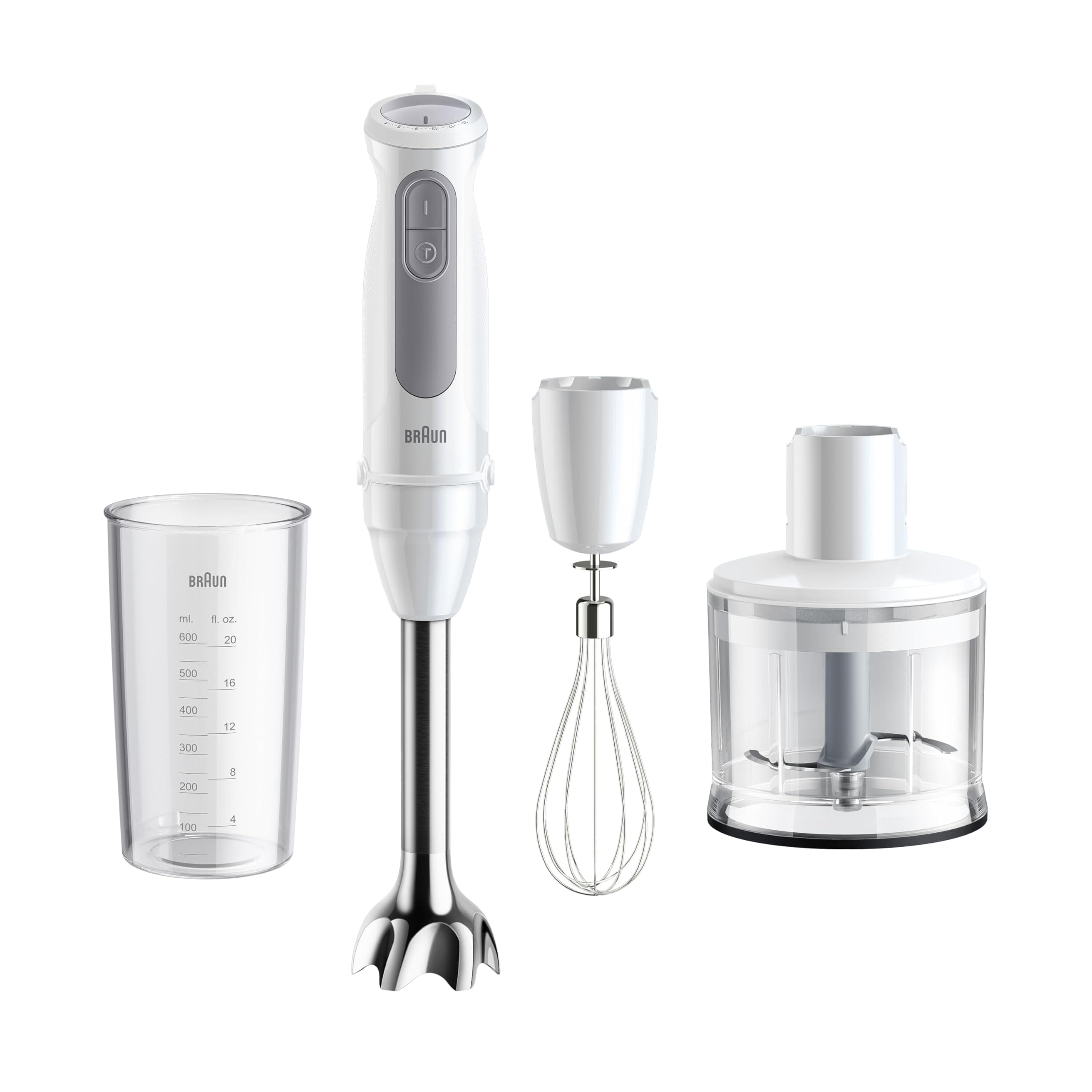 Braun Stabmixer MultiQuick 5 MQ 50236 M - Elektrischer Stabmixer mit 21 Geschwindigkeitsstufen + Turbo, Edelstahl Pürierfuß, Easy Click System, SplashControl, 3-teiliges Zubehör-Set, 1000 Watt, Weiß
