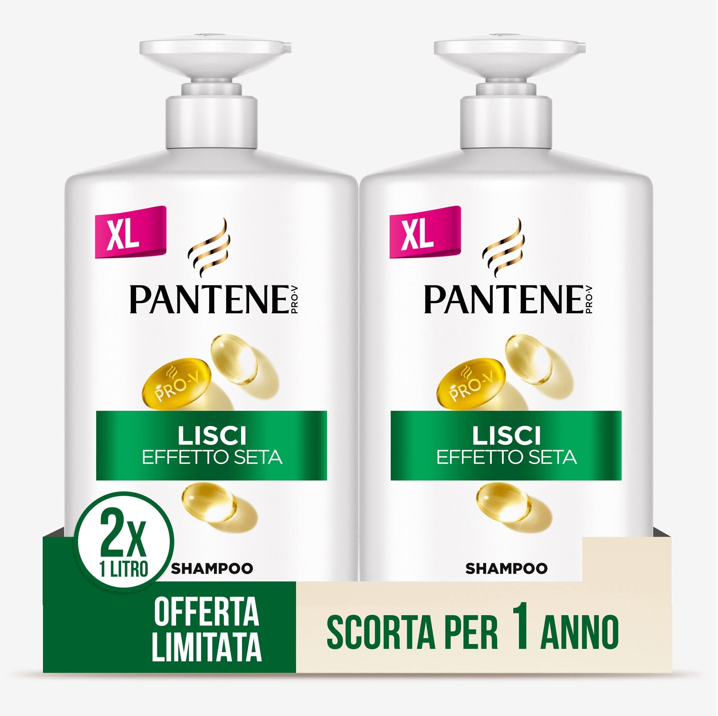 Pantene Pro-V Shampoo Lisci Effetto Seta per Capelli Crespi e Opachi, Deterge Delicatamente e Protegge i Legami del Capello, Senza Siliconi, Olio Minerale, Coloranti, Formato Maxi Convenienza 2x1000ml