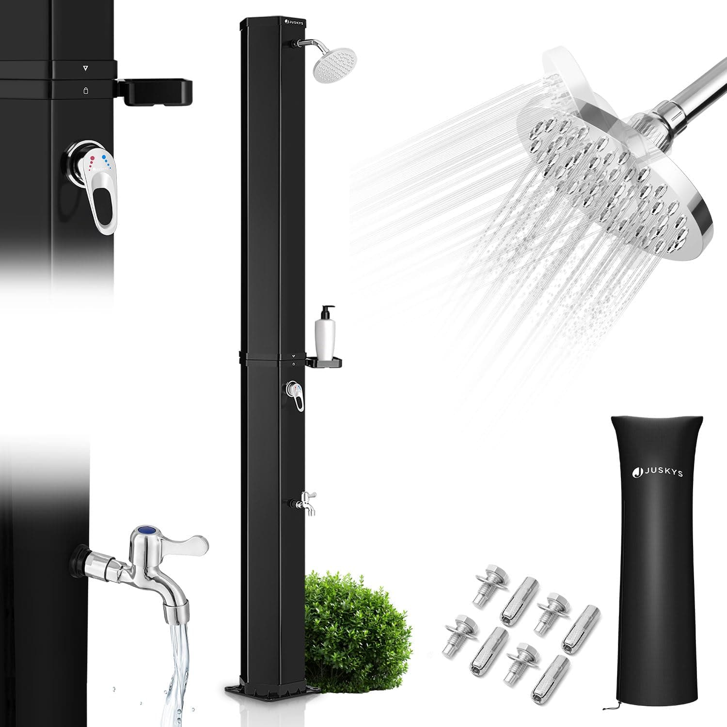 Juskys Solardusche Victoria 20/35 / 40/60 Liter - bis 60°C – mit schwenkbarem Duschkopf, Fußdusche & Gartenschlauch Anschluss Gartendusche Außendusche
