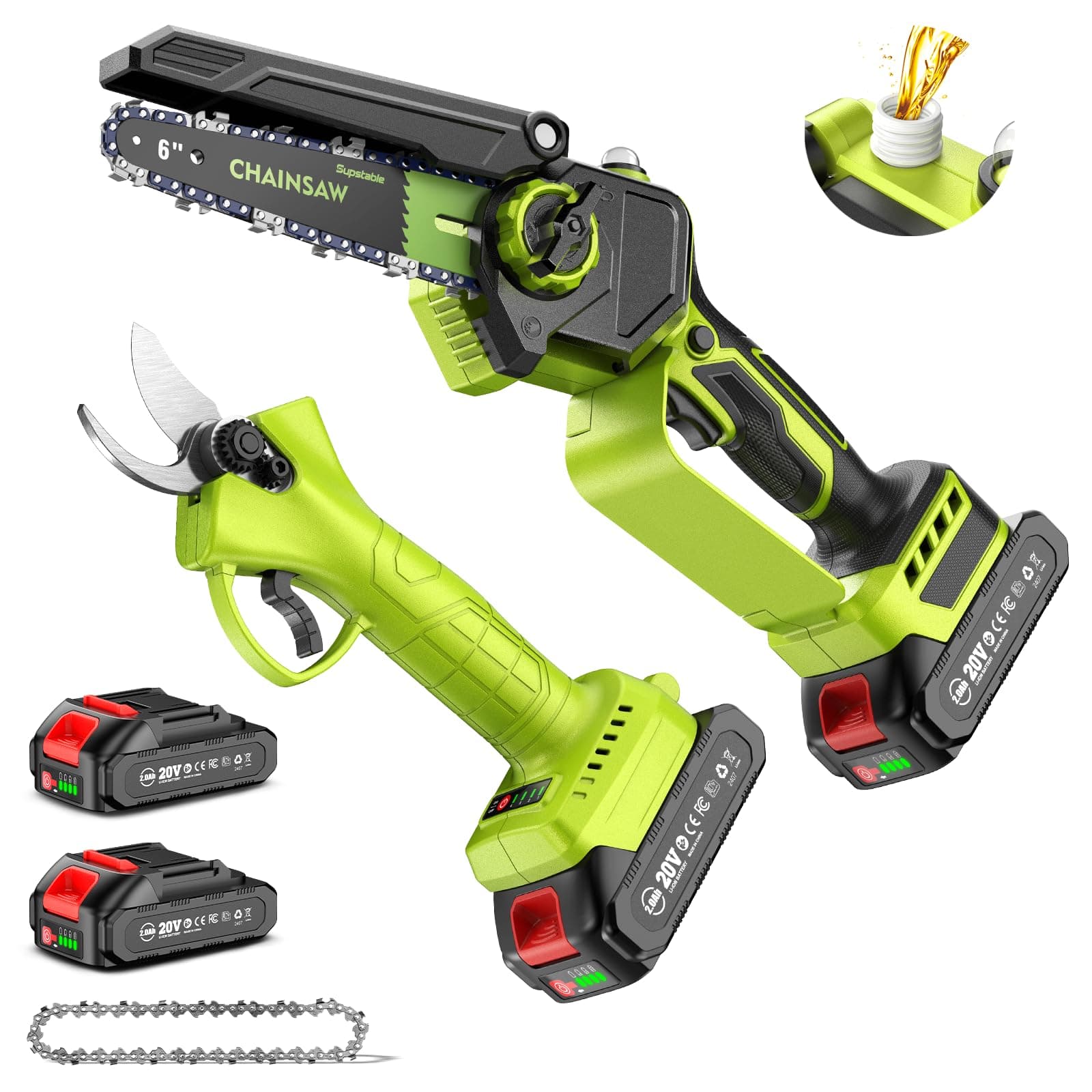 Supstable Mini Motosega a Batteria 6 Pollici & Forbici Potatura a Batteria 33 mm, 2-in-1 Kit Motosega e Forbici con 2×2000 mAh Batterie, Motore Brushless, Ideale per Taglio di Tronchi e Rami