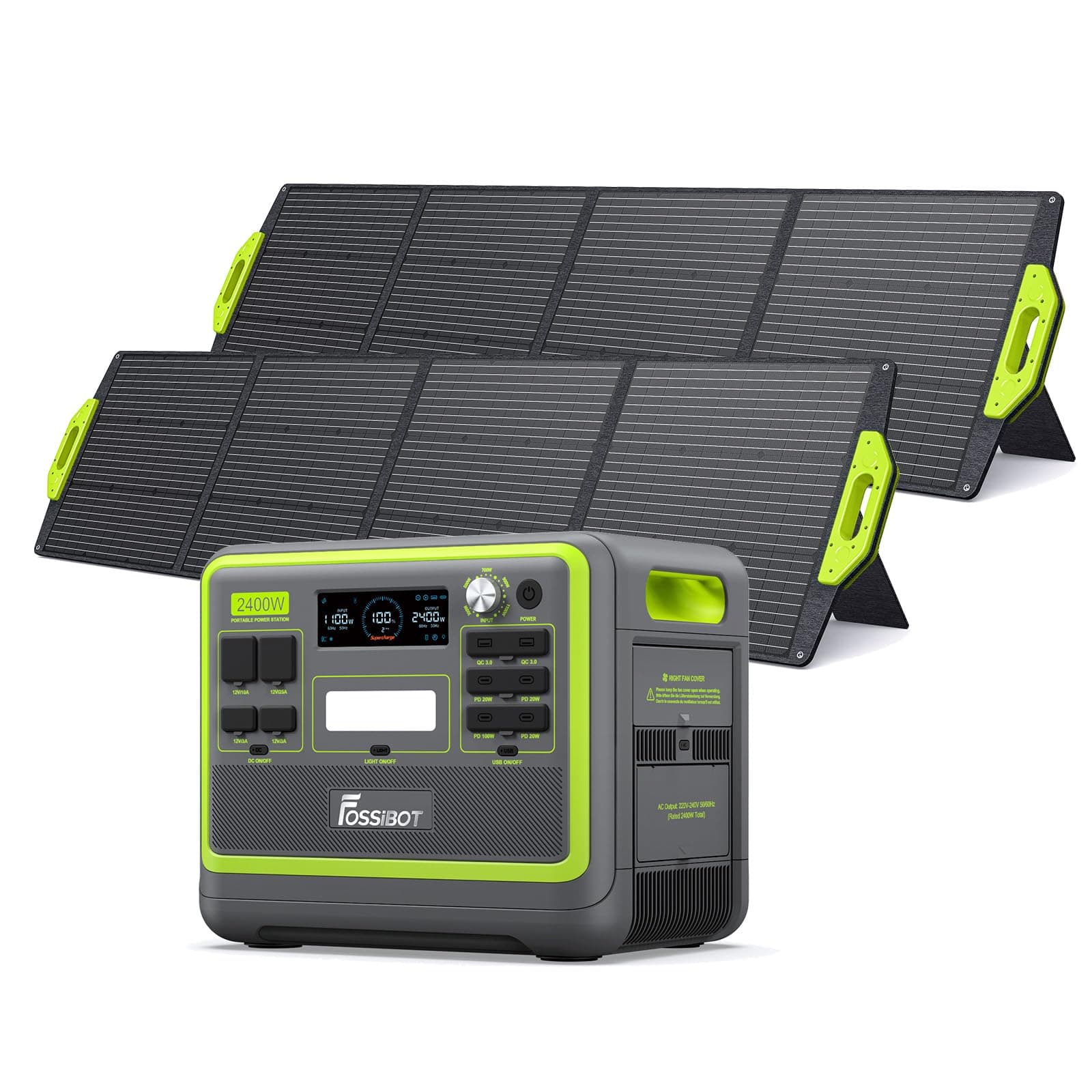 FOSSiBOT F2400 Generador Solar Portatil, 2 paneles solares de 200 W, Batería LiFePO4 de 2048Wh，Salida de 2400W CA (4800W Pico), Carga del 80% en 1,5 Horas, Estacion de Energia Portatil para Camping
