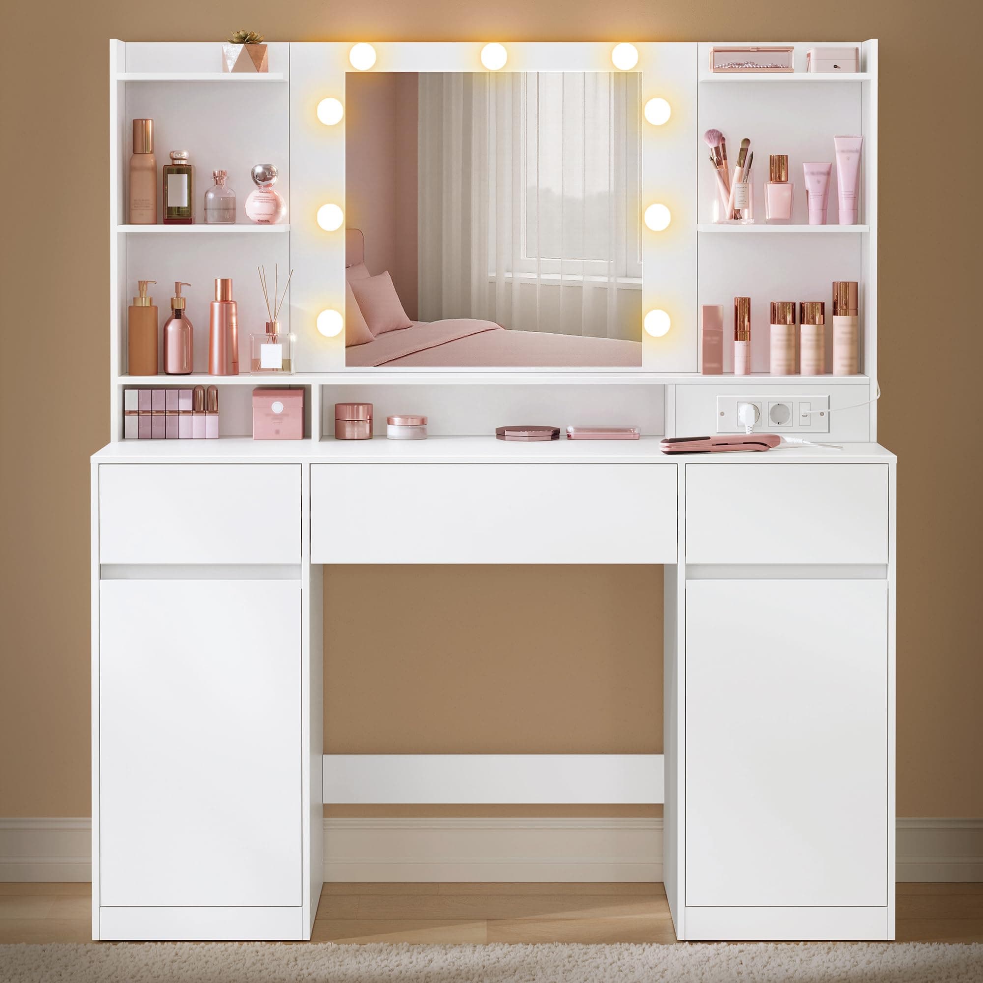 VASAGLE KAILYN Collezione - Toeletta con Specchio LED, Multipresa, 2 Armadietti, 9 Lampadine Dimmerabili, Illuminazione a 3 Colori, Montaggio Binari Senza Attrezzi, Bianco Nuvola RDT142WB02