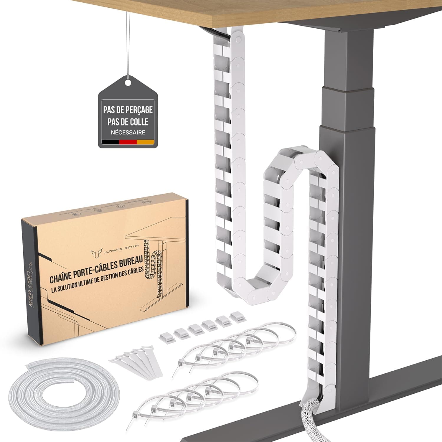 Chemin de câbles sous le bureau – Parfait pour la gestion des câbles de bureau assis debout – Serpent de câble flexible – Gestion des câbles vertèbres (blanc)