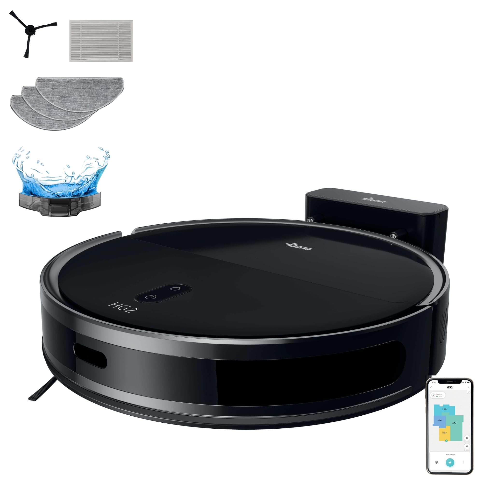 Hoover HG2 Robot Aspirapolvere e Lavapavimenti Hydro, Ultra-Sottile – Potente Aspirazione da 5000Pa, Pulizia sotto i Mobili, Navigazione Laser, Fino a 160 Minuti di Autonomia, [HG2Z30H]