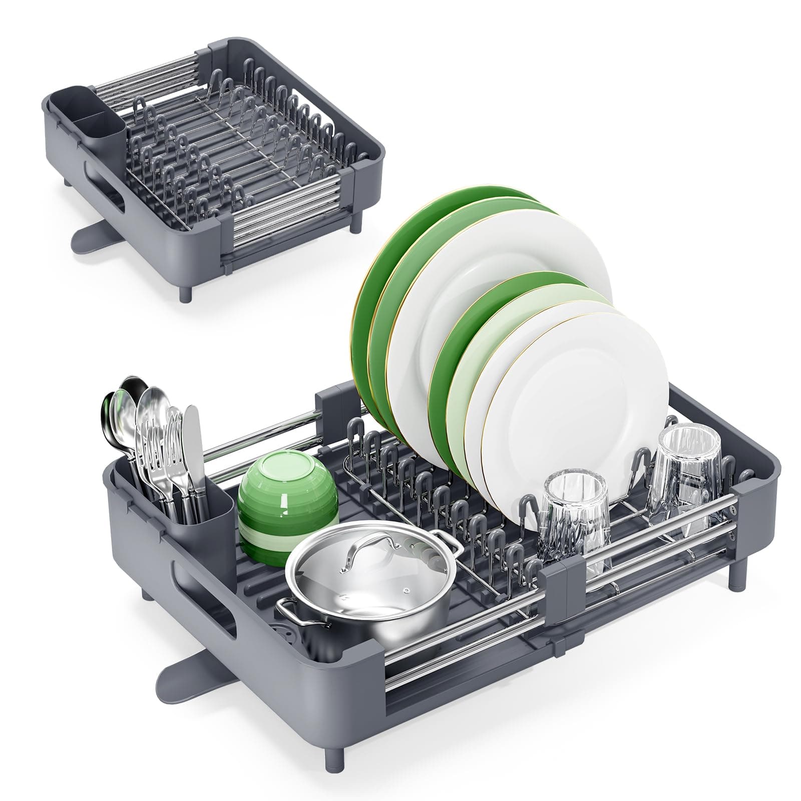 KINGRACK Escurreplatos, Escurridor de Platos Extensible, Escurreplatos Acero Inoxidable con Portacubiertos Extraíble, Escurridor de Platos para Fregadero Ajustable con caño de Drenaje, Gris