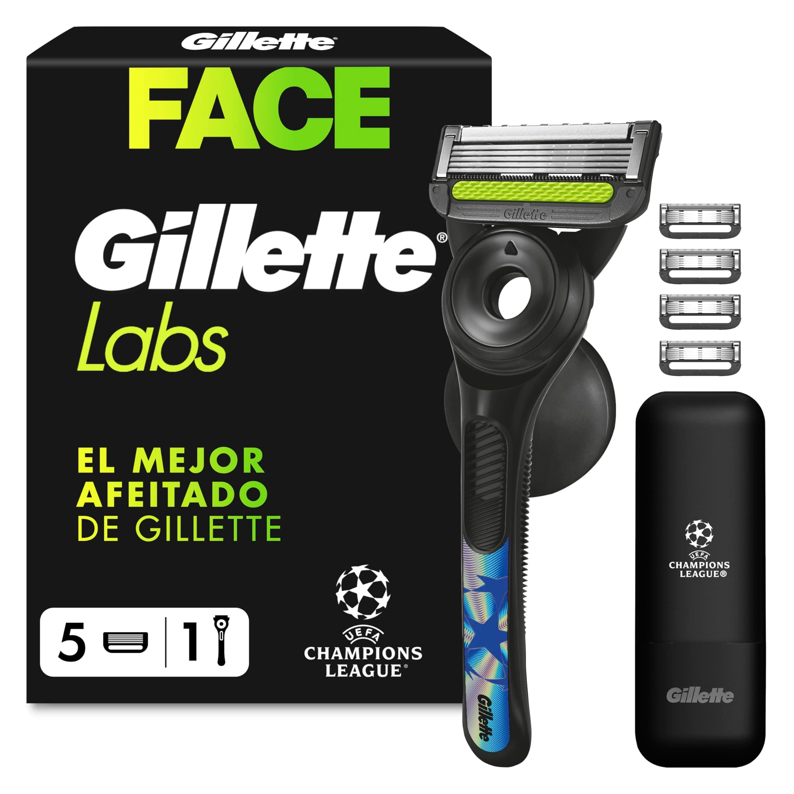 GilletteLabs UEFA Champions League Special Edition Maquinilla de Afeitar para Hombre con Barra Exfoliante, 1 Mango Negro + 5 Recambios, Incluye 1 Estuche de Viaje Y 1 Colgador de Pared