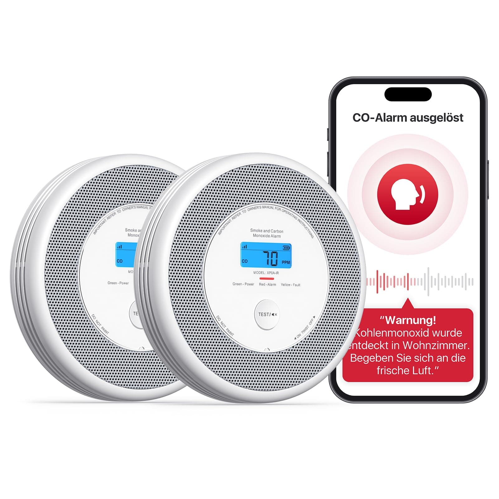 X-Sense XP0A-iR Rauch und CO Melder mit Sprachalarm und Standortansage, WLAN Kombinierter Rauch- und Kohlenmonoxidmelder für 17 festlegbare Räume，kompatibel mit der X-Sense Home Security-App, 2er Set