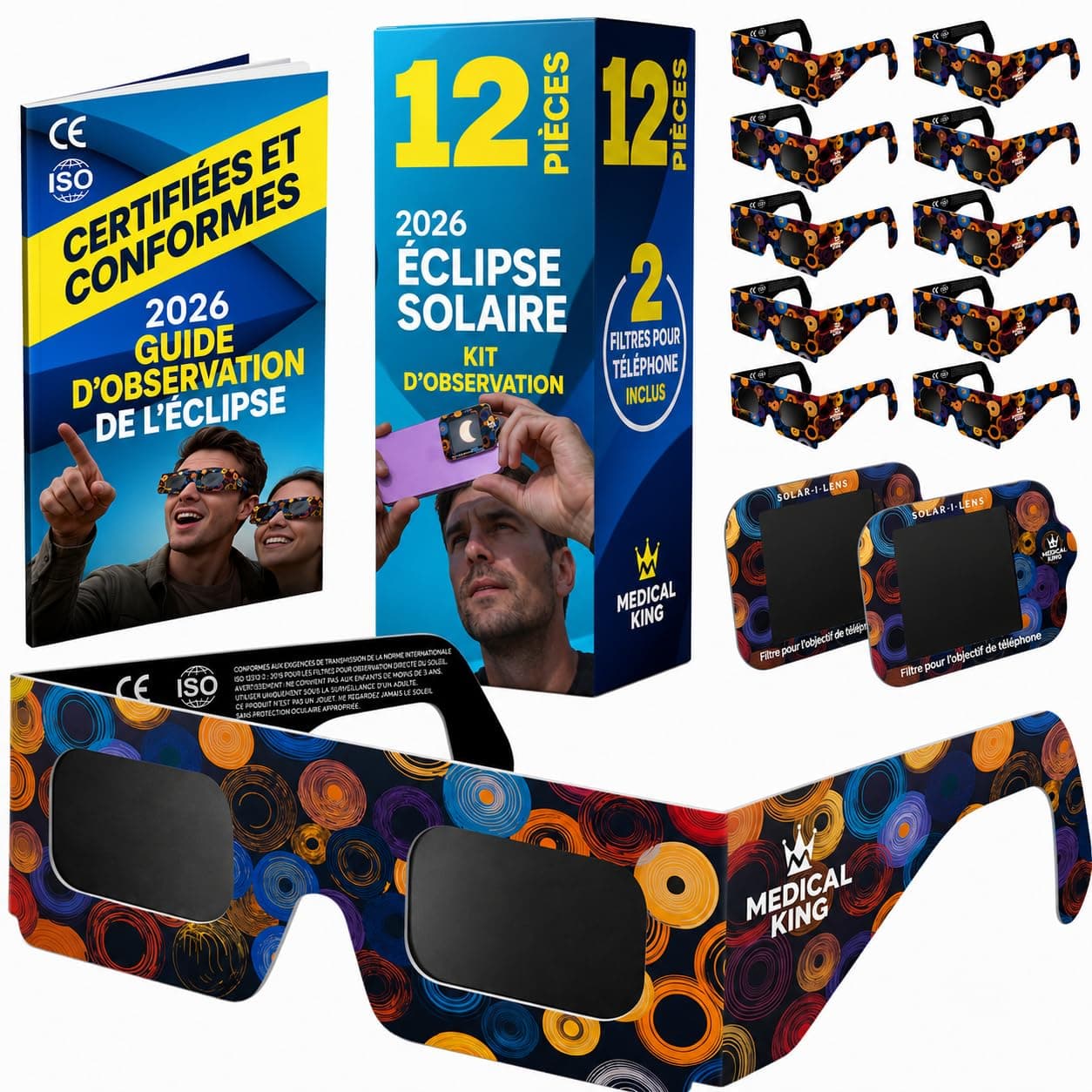 Lunettes Eclipse Solaire 2026 – Lot de 2/12/20 Paires Premium avec 2 Filtres Solaires pour Smartphone, Lunettes Eclipse Solaire ISO 12312-2,CE, Protection des Yeux pour l'Observation du Soleil