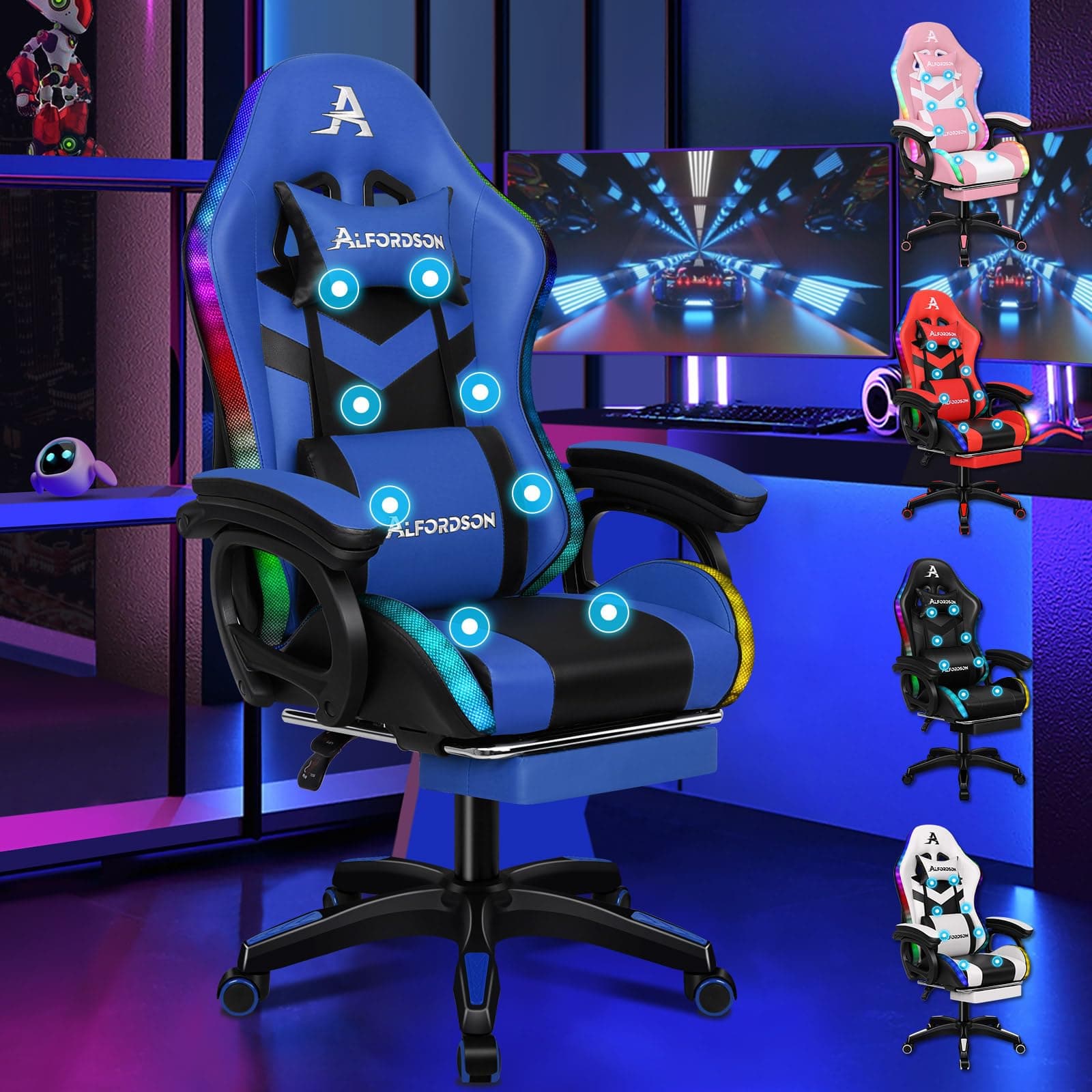 ALFORDSON Sedia Gaming Massaggiante con Luci LED,Sedia Ergonomica Gamer per Ufficio Domestico,Poltrona Scrivania con Poggiapiedi,Schienale Regolabile 90-150°,Portata 180KG, Similpelle(Blu)