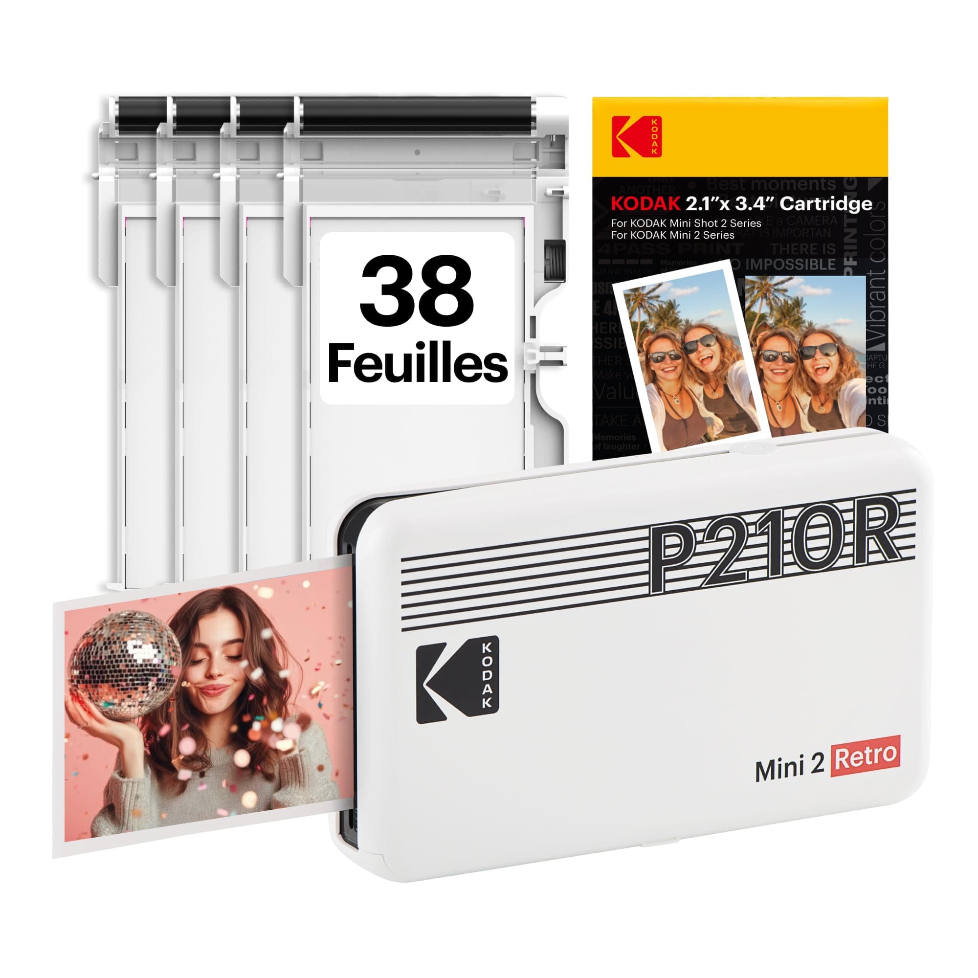 KODAK Mini 2 Retro Imprimante Photo 5,3 x 8,6 cm, 38 Feuilles, Imprimante Bluetooth pour iPhone & Android, Impression Couleur Instantanée, Sublimation 4PASS, Blanc