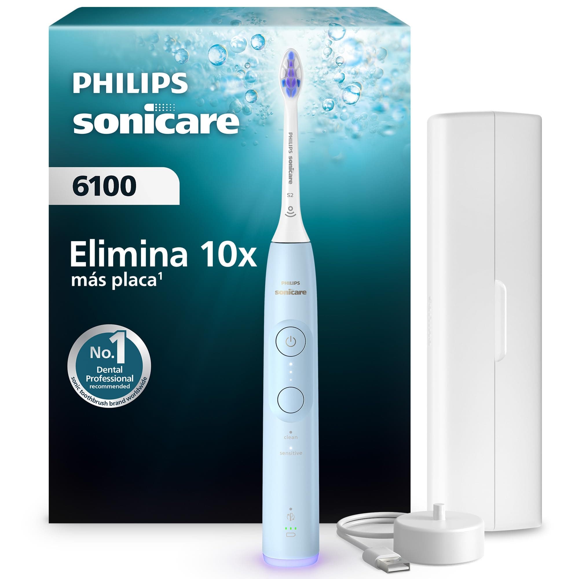 Philips Sonicare 6100 cepillo dental eléctrico, sónico, 2 modos de cepillado, 3 niveles de intensidad, alerta de presión, EasyStart, SmarTimer, azul claro, HX7406/02 [Nueva Tecnología]