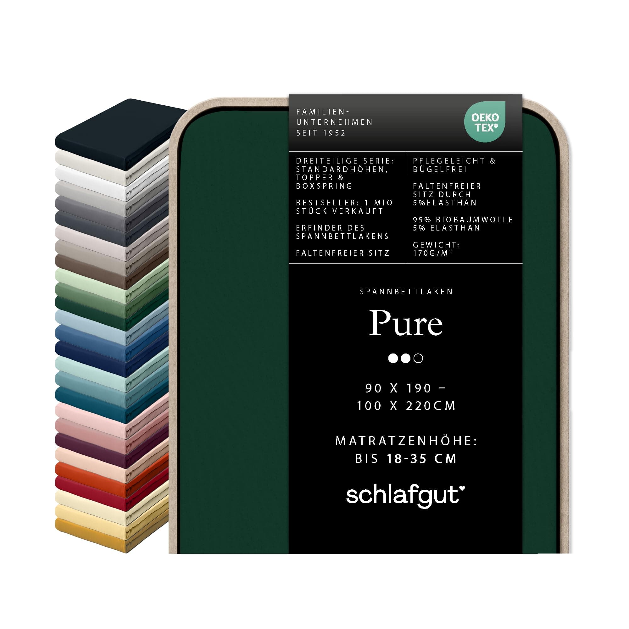 schlafgut Pure Spannbettlaken 95% Bio Baumwolle & 5% Elasthan Made in Green by Oeko TEX (90x190cm bis 100x220cm Matratzenhöhe von 18 bis 35 cm, Green Deep)
