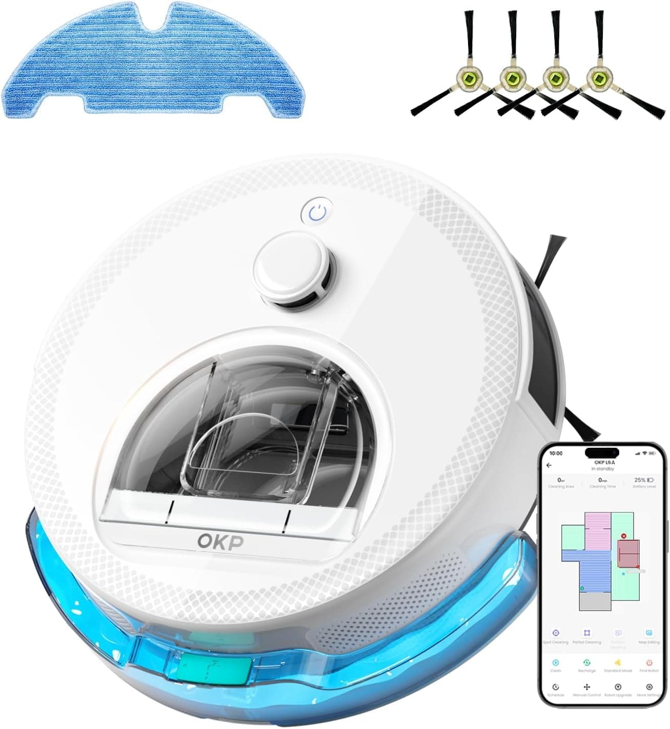 OKP L6 Aqua Robot Aspirapolvere Lavapavimenti con Mappatura, 6000 Pa, 150 Min, Navigazione dToF, Zona vietata, 3 IN 1, Rilevamento Tappeti, Ideale per Tappeti/Pavimenti/Peli, WiFi 2.4G/5G, App, Alexa