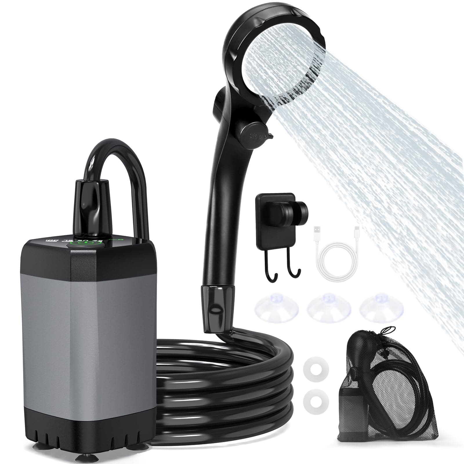 ShinePick Douche Camping, Douche Portable 3000mAh Rechargeable Avec écran LED Intelligent 3 Modes de Douche IPX7 Etanche Convient pour le Camping, l'extérieur, La Voiture, Les Animaux Domestiques