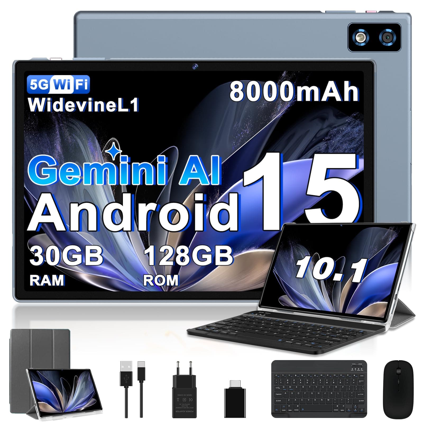 BIEGEDY 2026 último Tablet 10 Pulgadas Android 15 con Gemini AI, 30GB RAM + 128GB ROM, Octa-Core 2.0GHZ, 8000mAh, GMS, Widevine L1, GPS, OTG,5G WiFi 6 & BT 5.0,Tablet Teclado y Raton-Gris