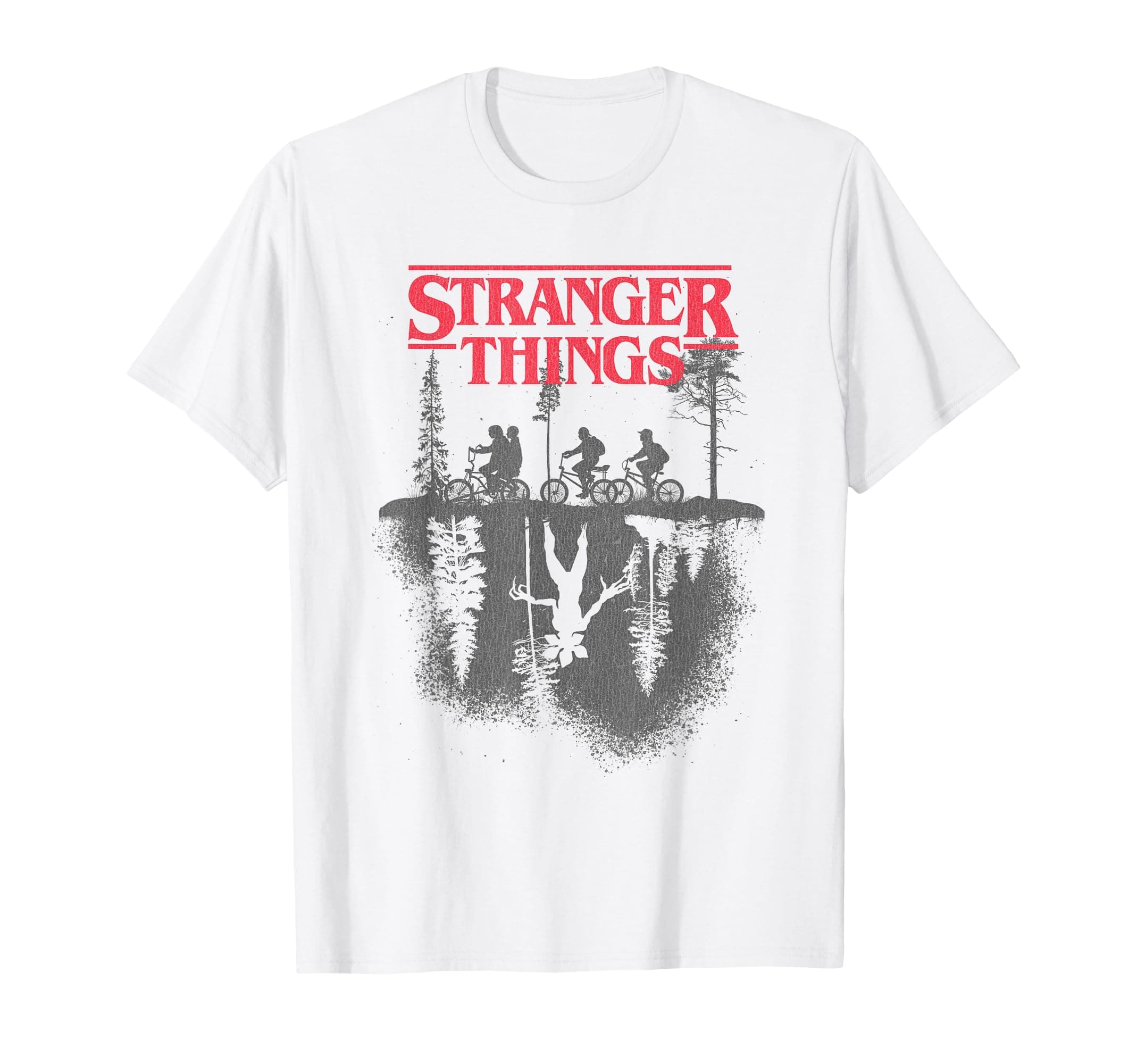 Stranger Things T-Shirt mit Silhouette Forest Logo - Unisex, Weiß, S, Kurzarm, Klassische Passform, Polyester, Lizenziertes Stranger Things Design, Dehnbar