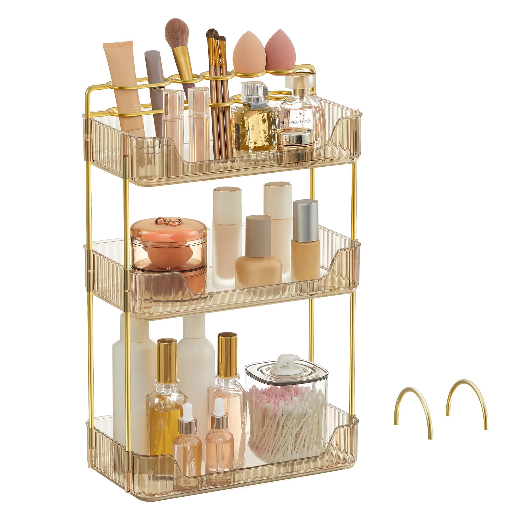 SONGMICS Make-up Organizer, 2 Typen von Zubehörteilen, Kosmetik-Organizer 3 Ebenen, rechteckig, anpassbar, Aufbewahrung für Schminktisch, Geschenkidee, Champagnergold JKA013A01