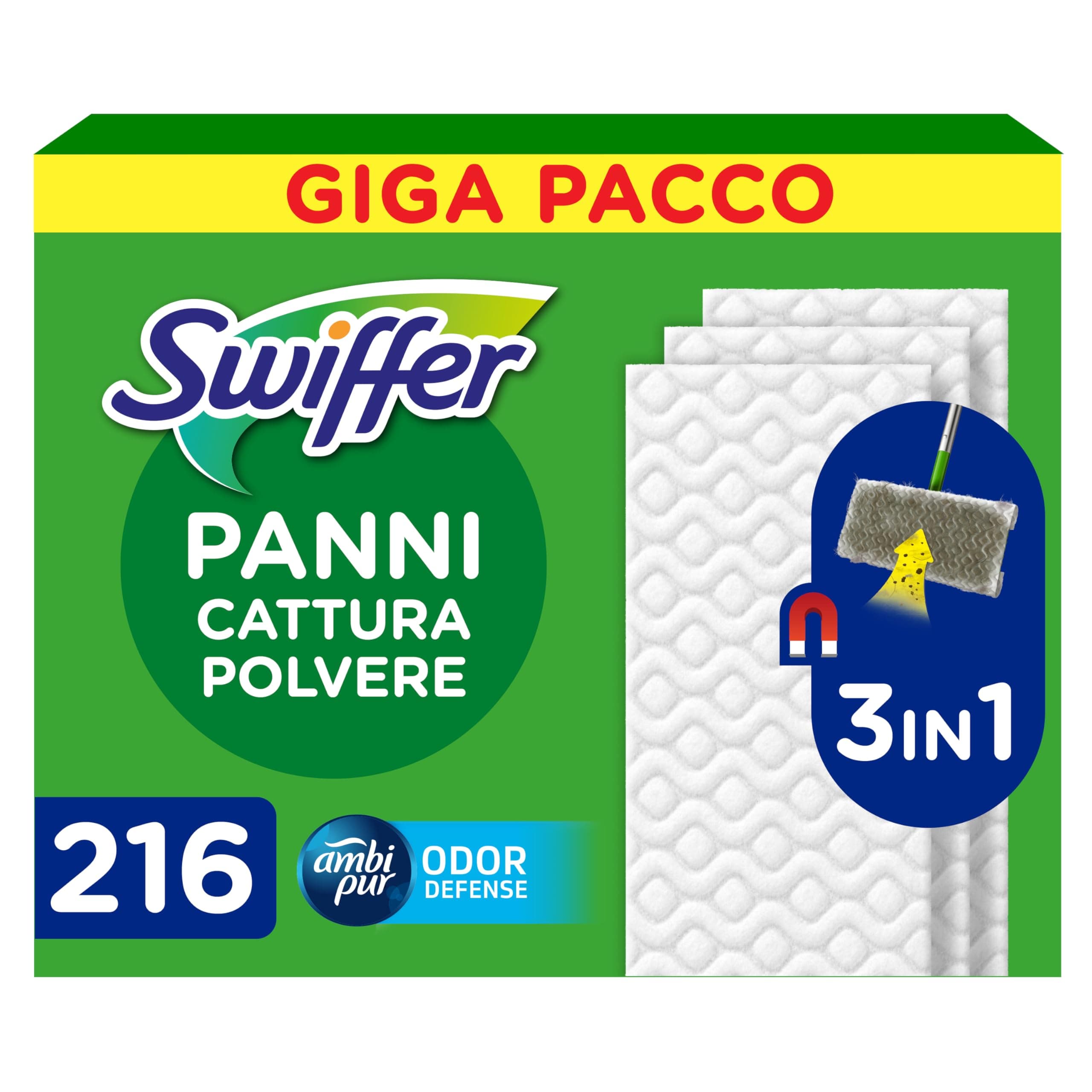 Swiffer Panni Cattura Polvere, 216 Panni Microfibra Dry, Cattura Polvere e Sporco, Ottimo per Tutti i Tipi di Pavimenti e per i Peli di Animali, Giga Formato