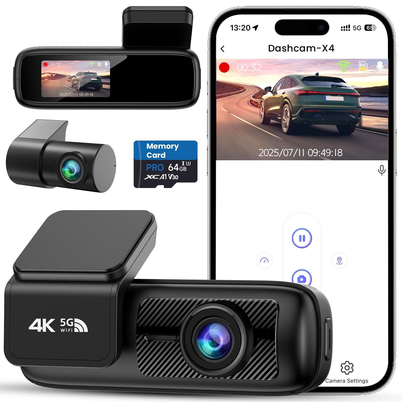 DEALAZOT Dashcam Voiture Avant Arrière, Caméra 4K+1080P, Wi-Fi 5GHz avec Contrôle via App, Carte SD 64Go, Vision Nocturne, Stationnement 24H, Capteur G, Grand Angle 170°, WDR, Installation Facile (X4)
