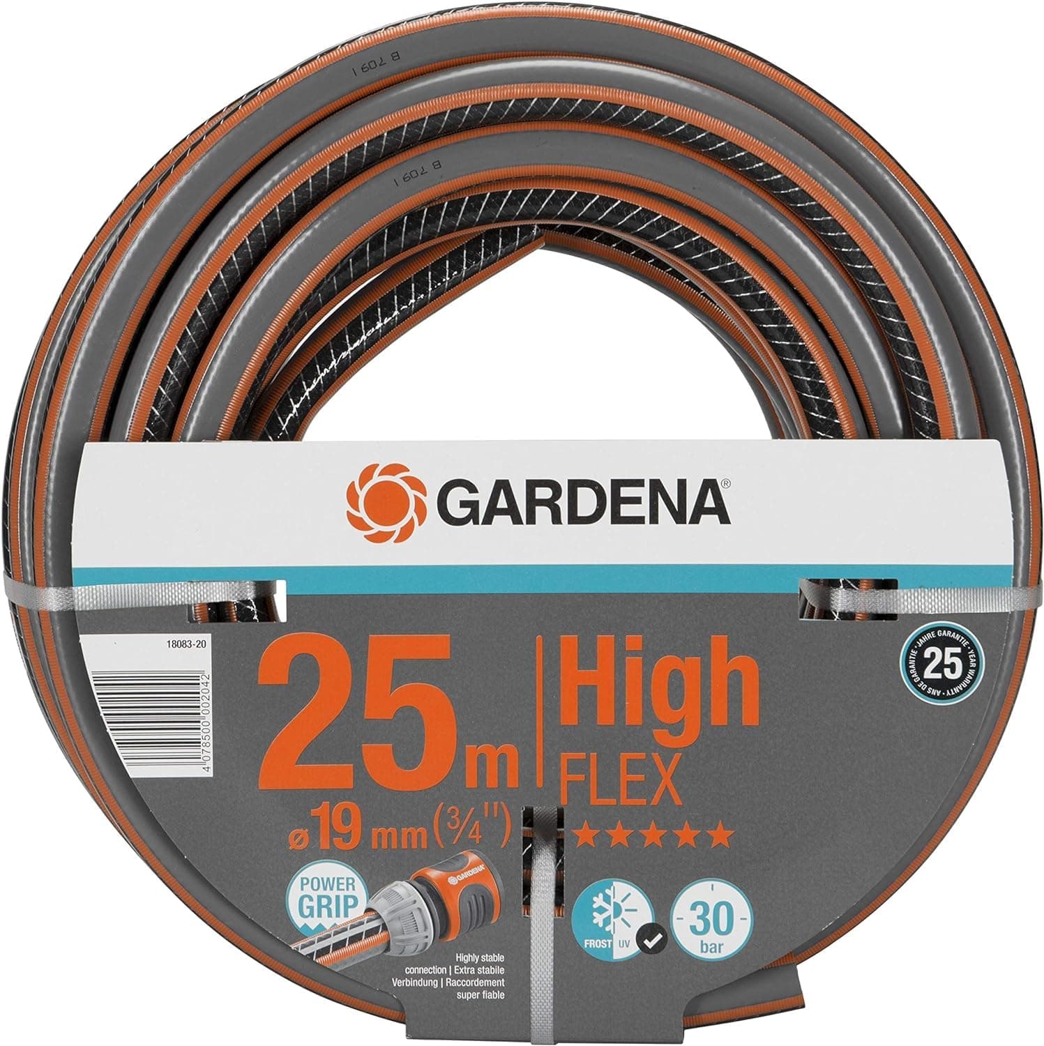 Tubo Gardena Highflex Comfort 19 mm (3/4 pouce), tube de 25 m avec profil Power-Grip, pression 30 bars, indéformable, résistant aux UV (18083-20)