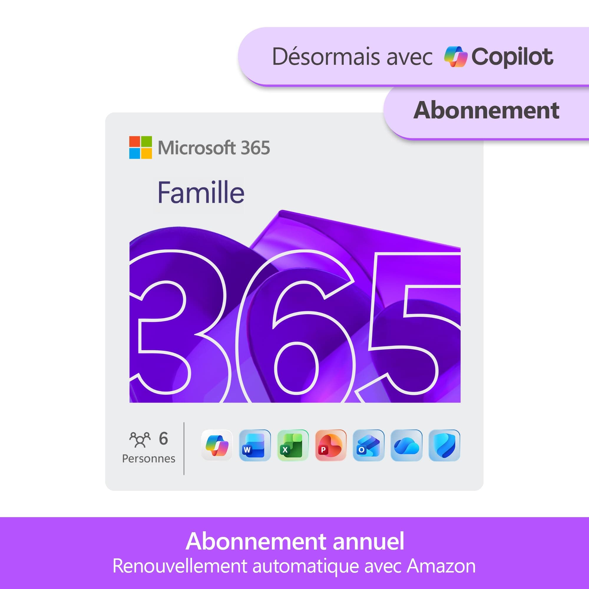 Microsoft 365 Famille | 12 mois | 6 utilisateurs | Applications Office avec IA | Jusqu'à 6To de Stockage Onedrive | Abonnement Amazon avec renouvellement automatique