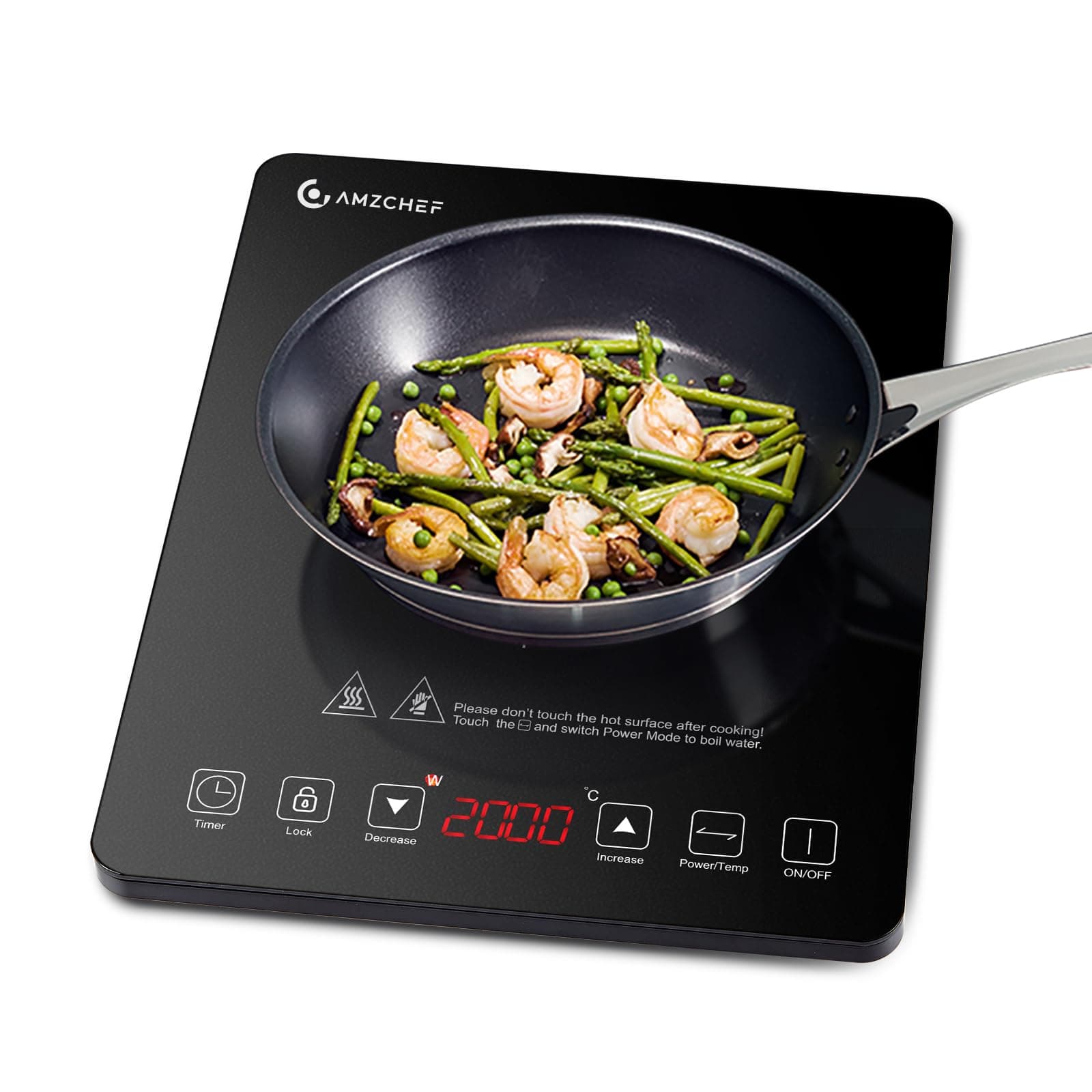 AMZCHEF Induktionskochplatte,2000W Einzelinduktionskochfeld mit schlankem Design, 20 Leistungsstufen,20 Temperatureinstellungen, Sicherheitsverriegelung,3-Stunden-Timer, Schwarz