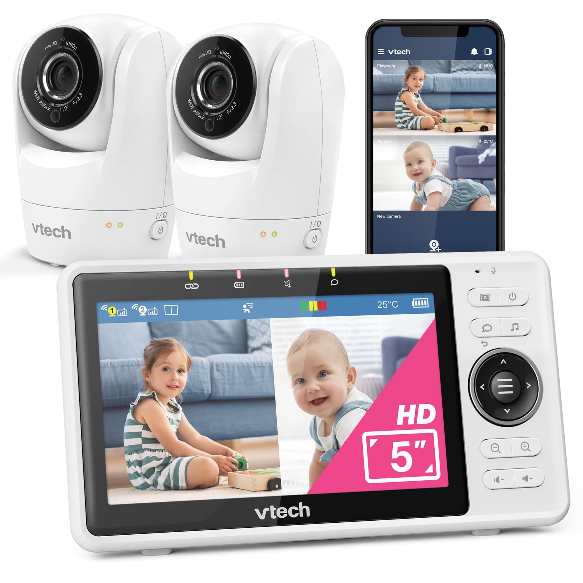 VTech Moniteur vidéo pour bébé, 2 caméras avec Wi-FI et caméra 1080p FHD et écran IPS HD de 5", détection de Mouvement et vidéo, détection du Son/Mouvement, écran partagé, : VM901-2W