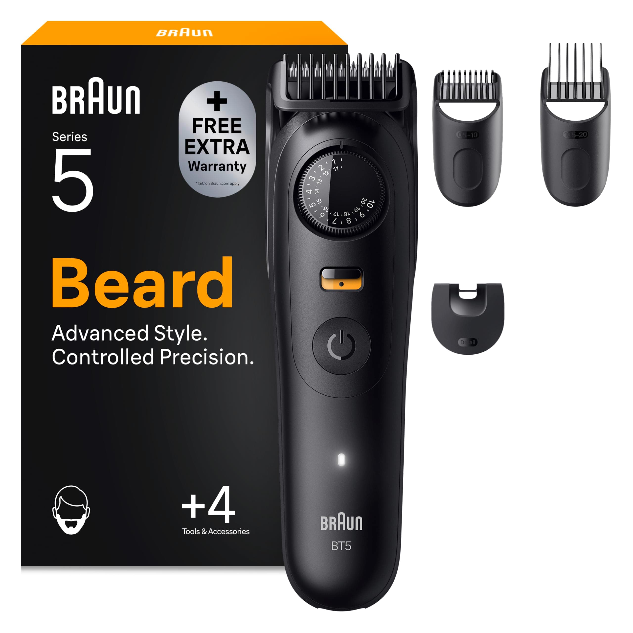 Braun Tondeuse Barbe Homme Series 5 BT5520, Noire | Etanche, Batterie Rechargeable, sans Fil, 40 Longueurs, Lame Ultra Affutée, Coffret avec +4 Outils de Barbier