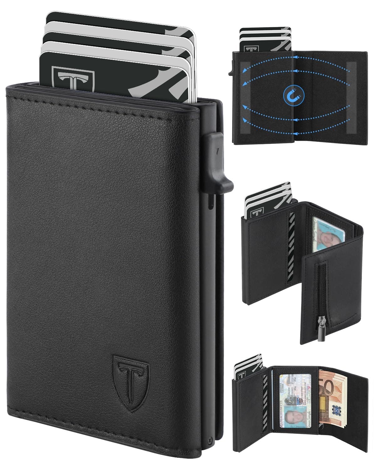 TEEHON Portafoglio Uomo Slim, Portacarte in Pelle con Protezione RFID, Porta Carte di Credito Uomo Piccolo, Porta Tessere con Portamonete e Scomparti Banconote - Confezione Regalo - NERO (A-05)